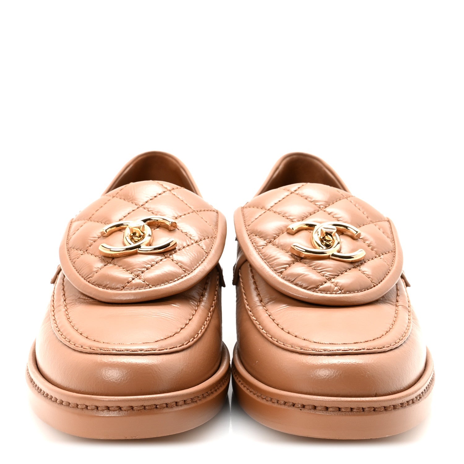 Crumpled Lambskin Quilted CC Turnlock Moccasins 37 Dark Beige