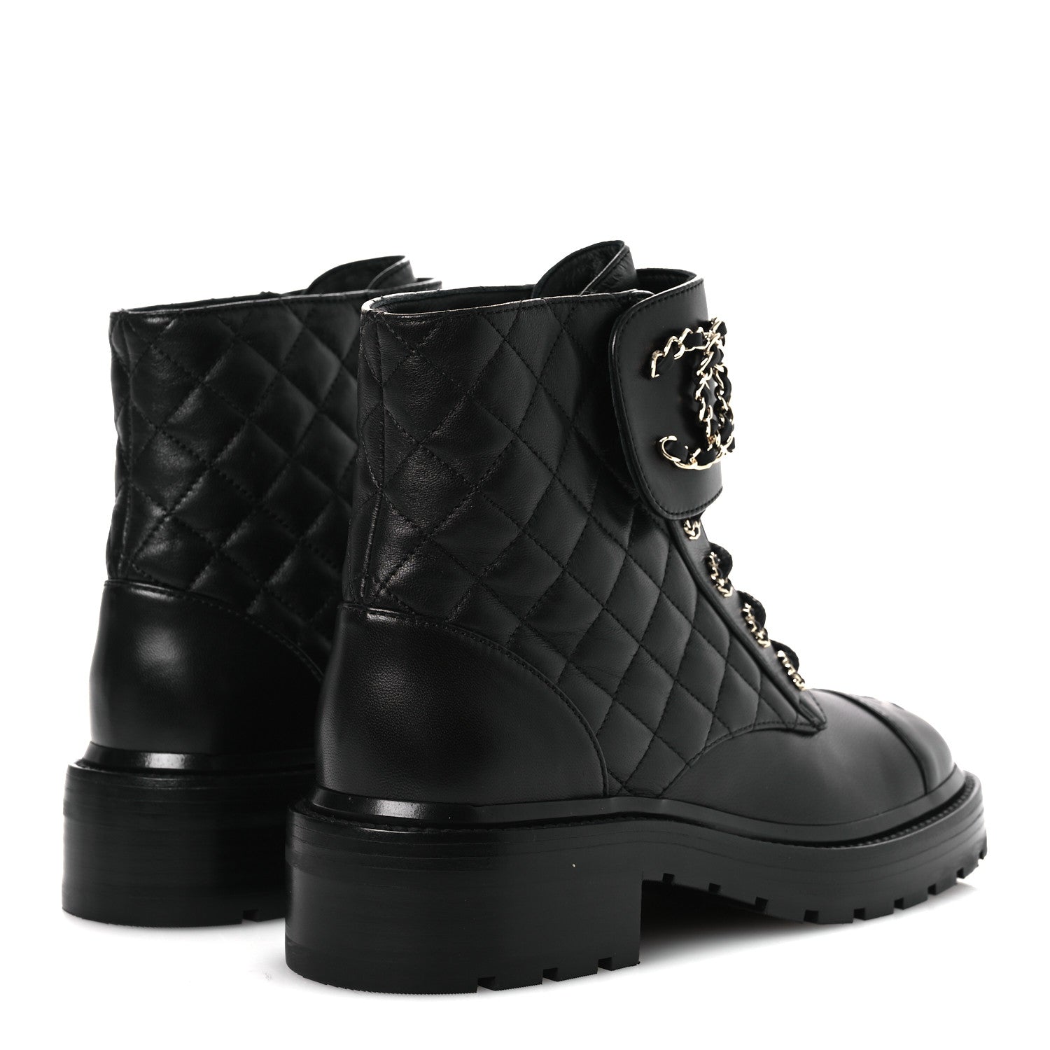 Shiny Lambskin Quilted Lace Up Combat Boots 37 Black