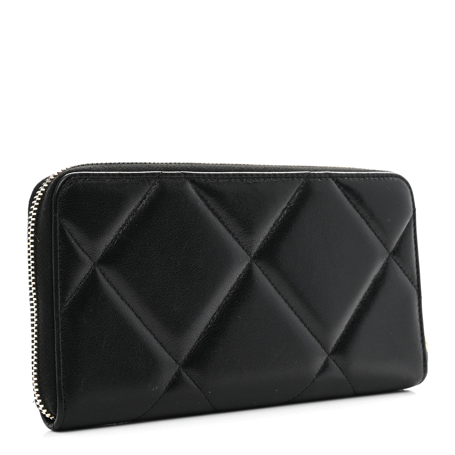 Shiny Goatskin Quilted Chanel 19 Long Zipped Around Wallet Black