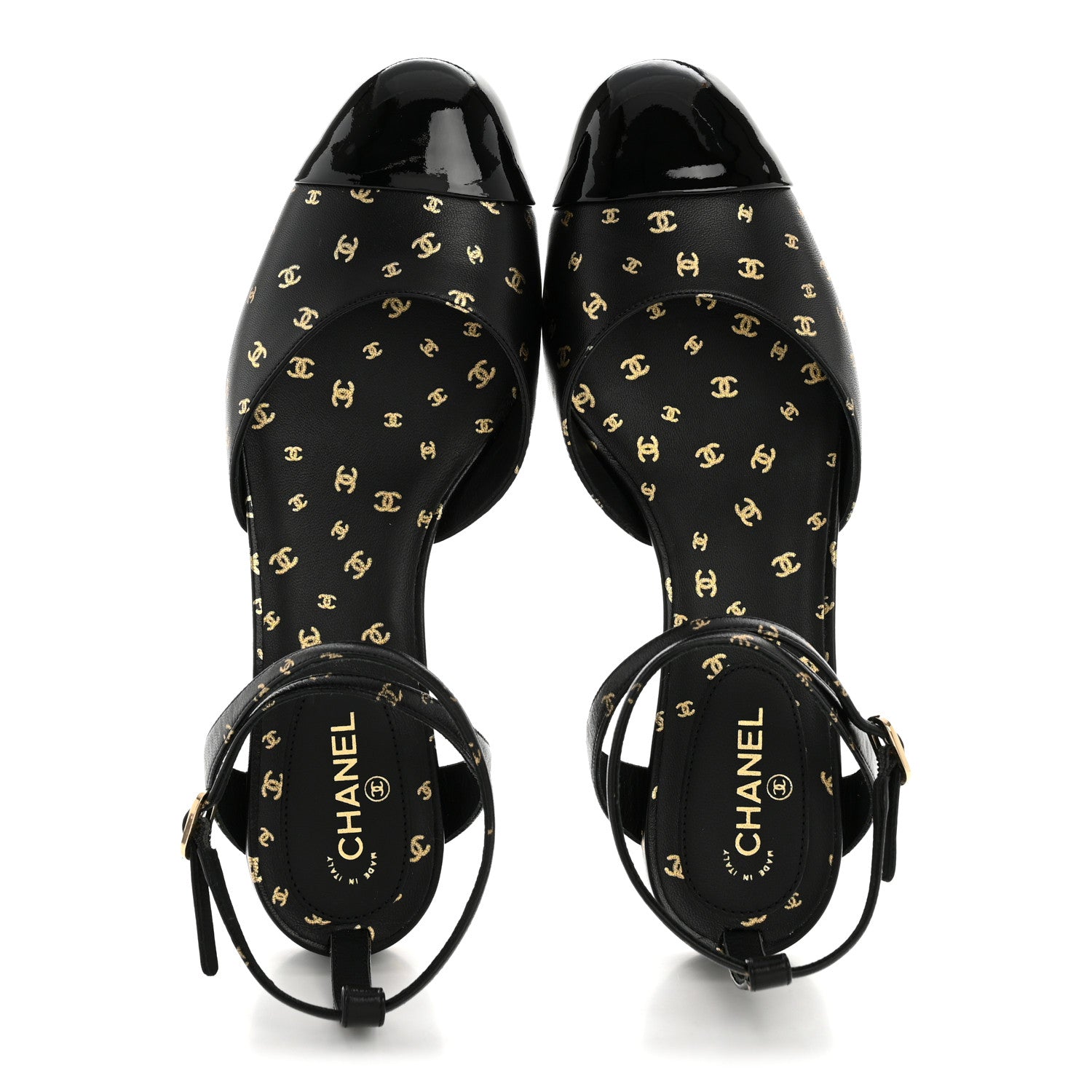 Printed Lambskin Patent Calfskin Cap Toe CC Slingbacks 36.5 Black Gold