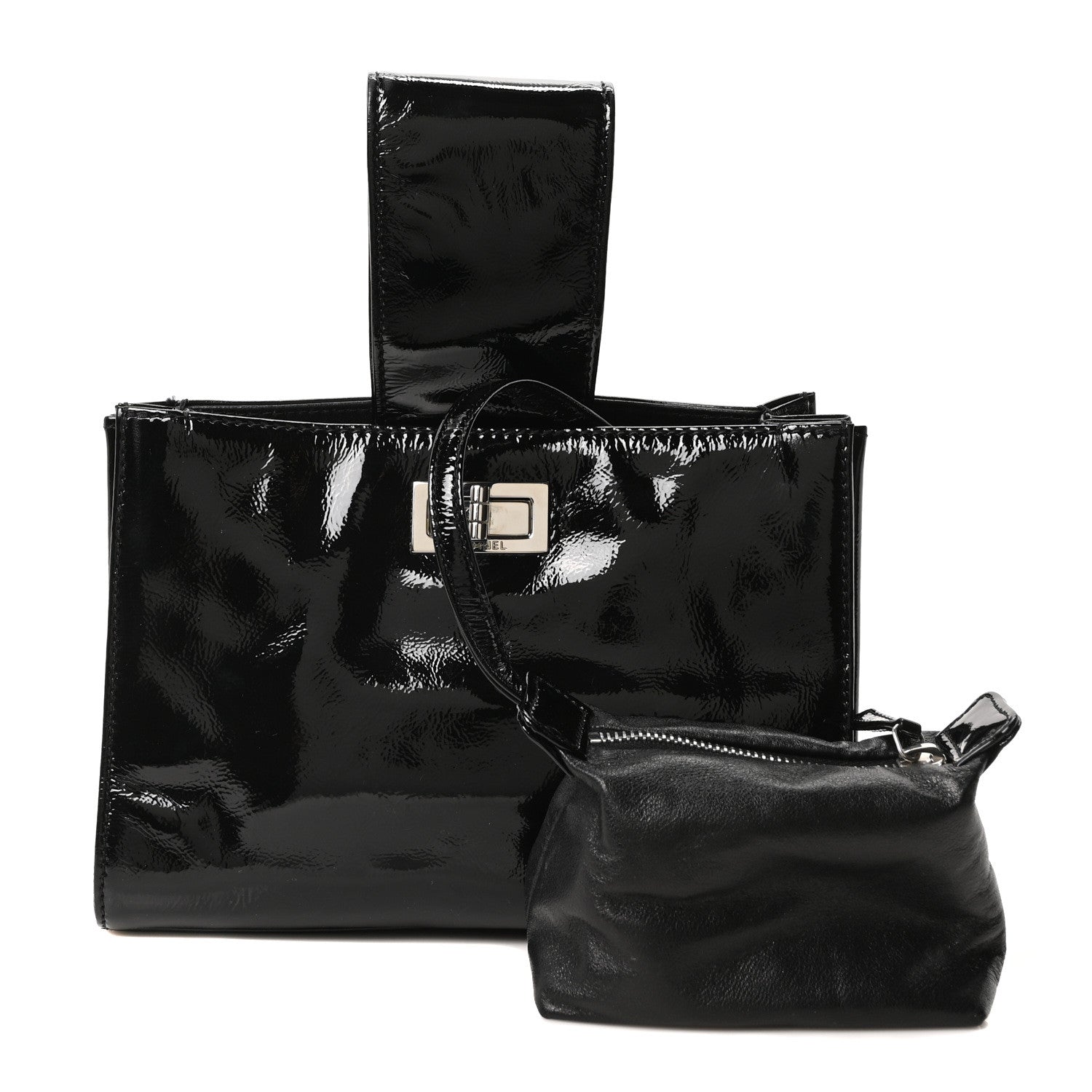 Patent Mademoiselle Lock Convertible Wrist Clutch Bag Black