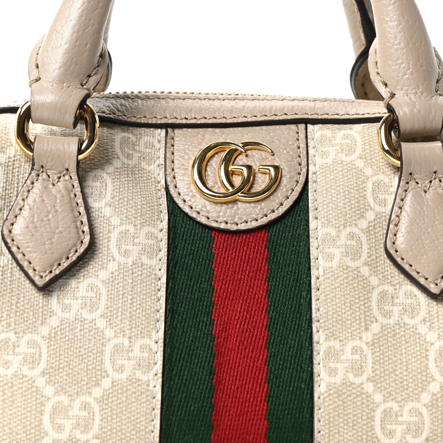 GG Supreme Monogram Textured Dollar Calfskin Web Super Mini Ophidia Top Handle Bowler Bag Beige Mystic White Oatmeal