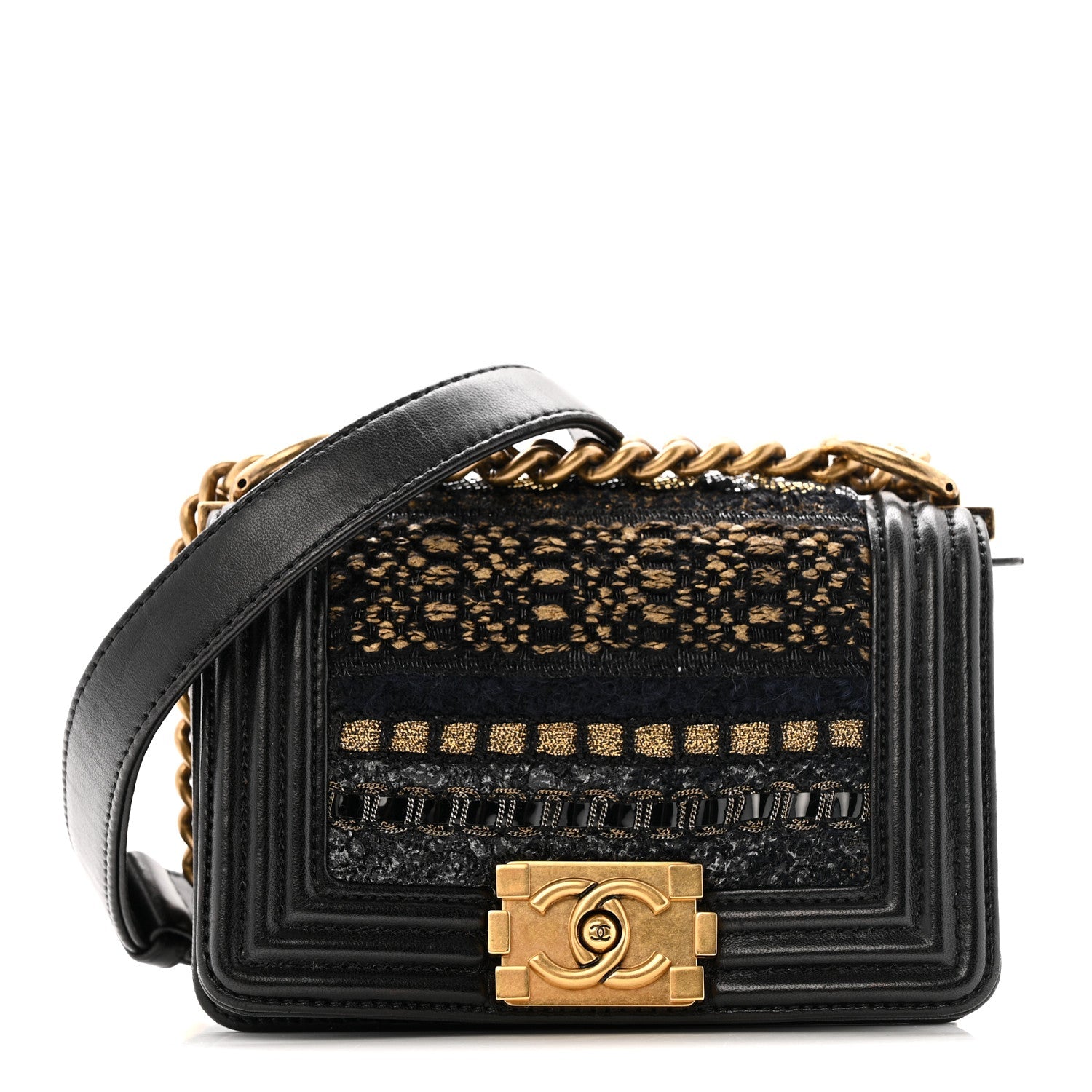 Lambskin Metallic Tweed Embroidered Mini Boy Flap Black Gold Multicolor