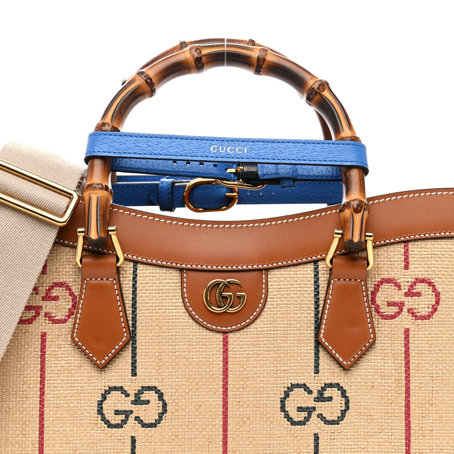 Raffia Monogram GG Jacquard Medium Diana Tote Bag Natural Red Green Modern Blue