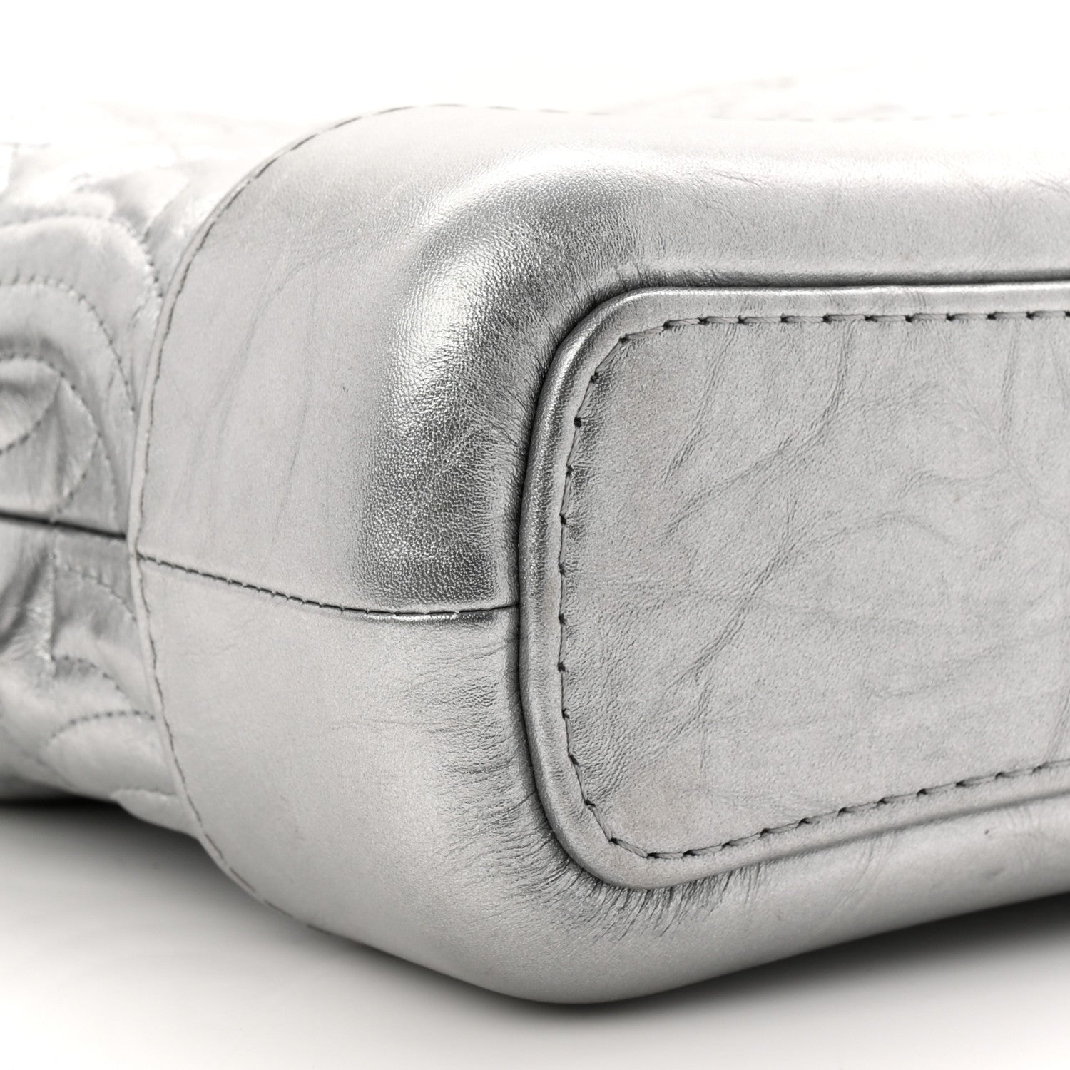 Metallic Aged Calfskin CC Quilted Small Gabrielle Hobo Dark Silver