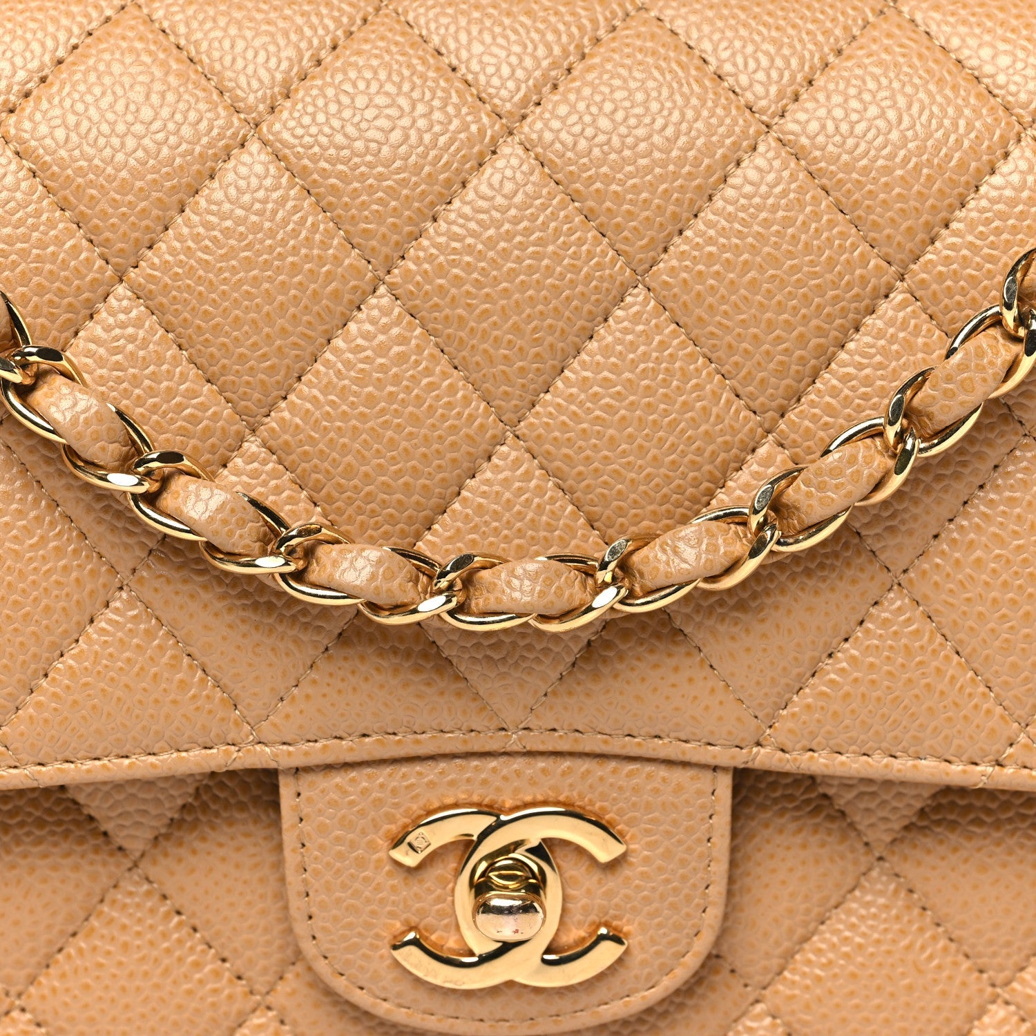 Caviar Quilted Medium Double Flap Beige