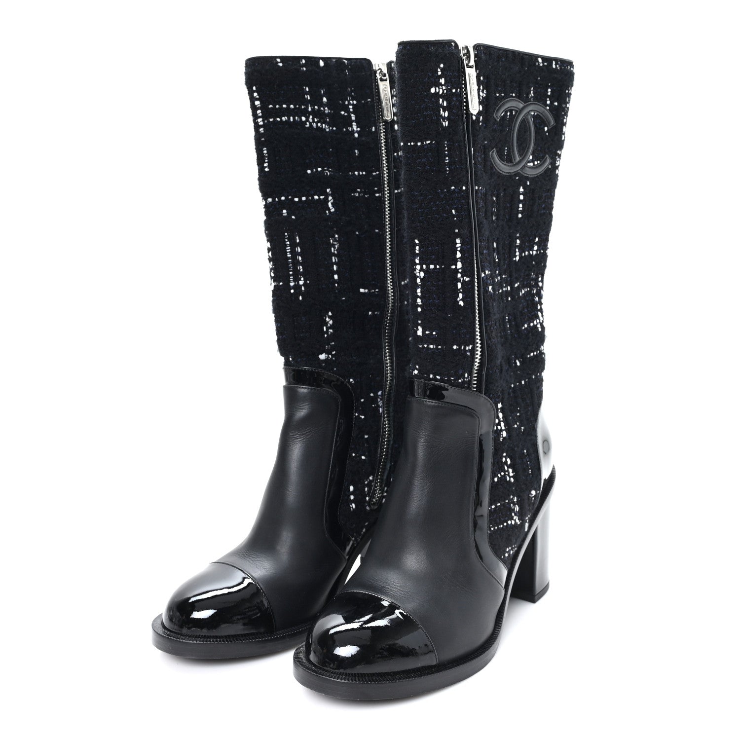 Tweed Calfskin Patent Cap Toe CC High Boots 37.5 Black Navy White
