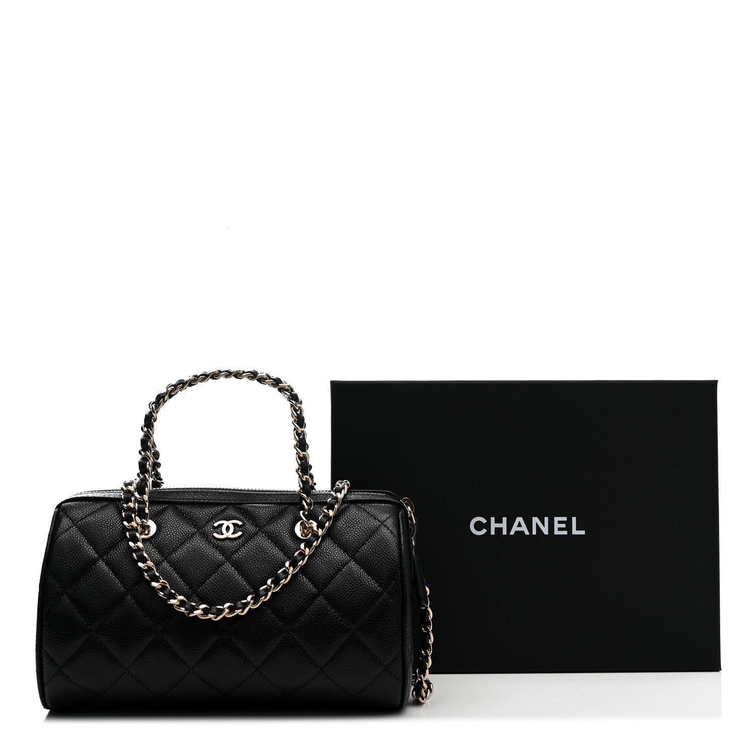 Caviar Quilted Barrel Clutch With Chain Black