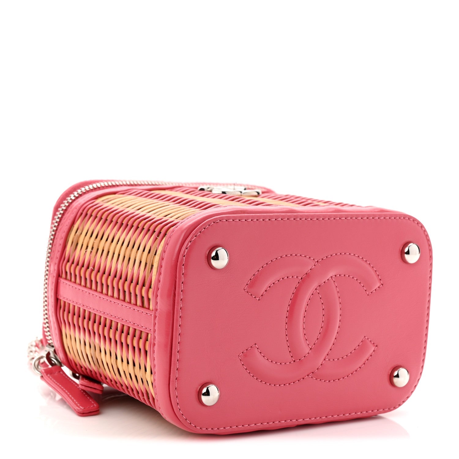 Calfskin Raffia Small Take Away Vanity Case Bag Pink Beige
