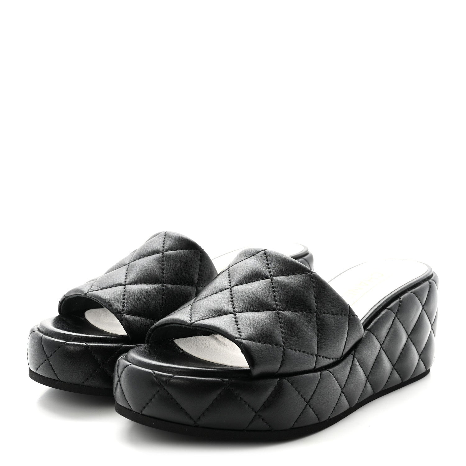 Lambskin Quilted Camelia CC Wedge Sandal Mules 38.5 Black