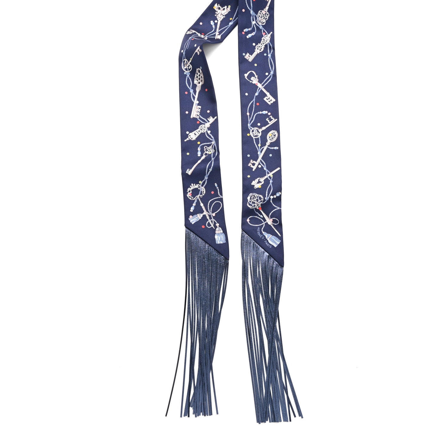 Silk Metallic Agneau Les Cles A Pois Fringed Twilly Bleu Marine Gris Argent Multicolor