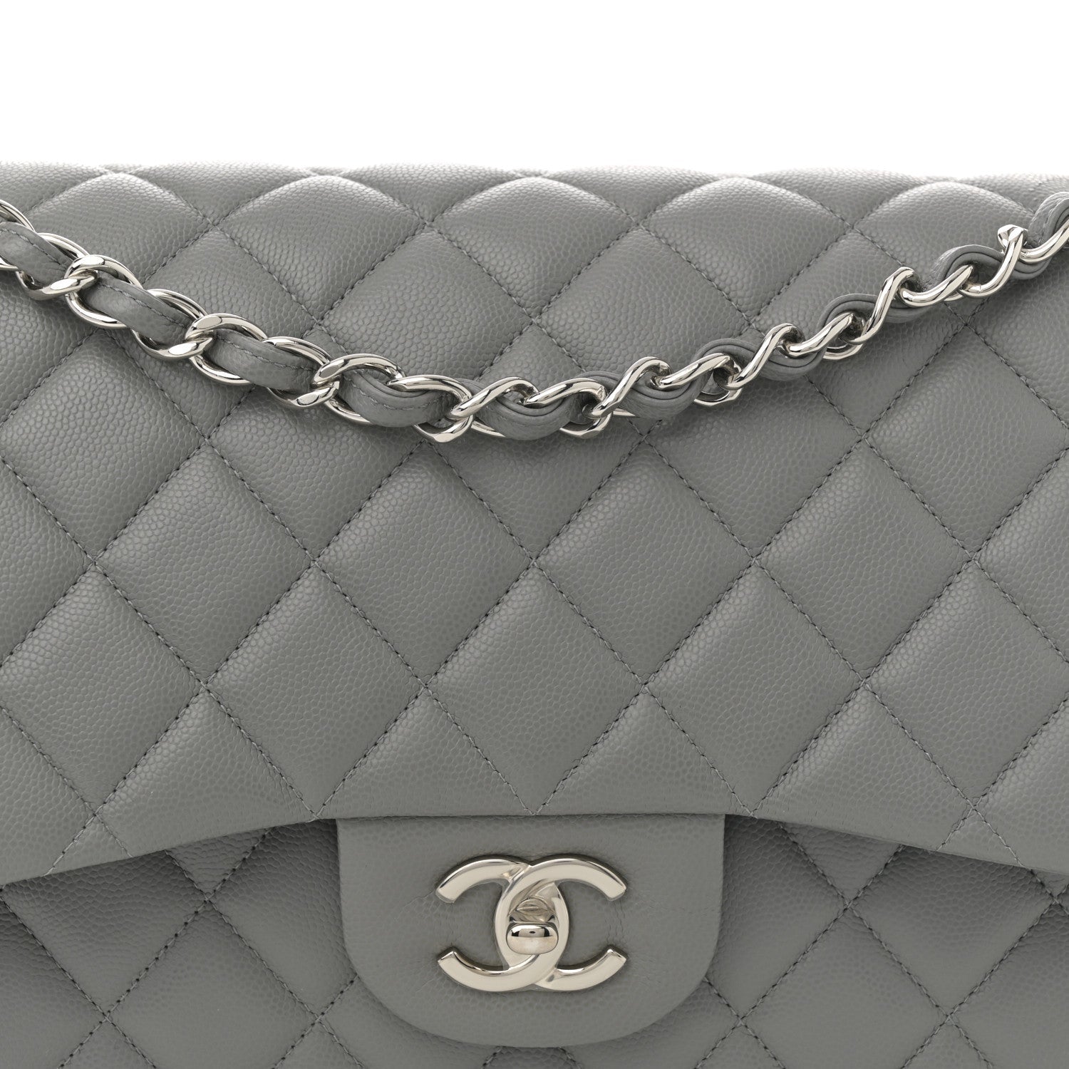 Caviar Quilted Jumbo Double Flap Grey