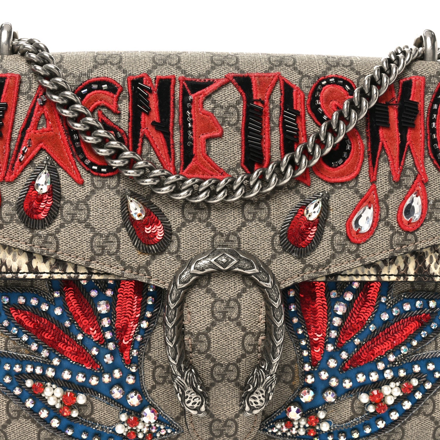 GG Supreme Monogram Snakeskin Crystal Magnetismo Embroidered Medium Dionysus Shoulder Bag