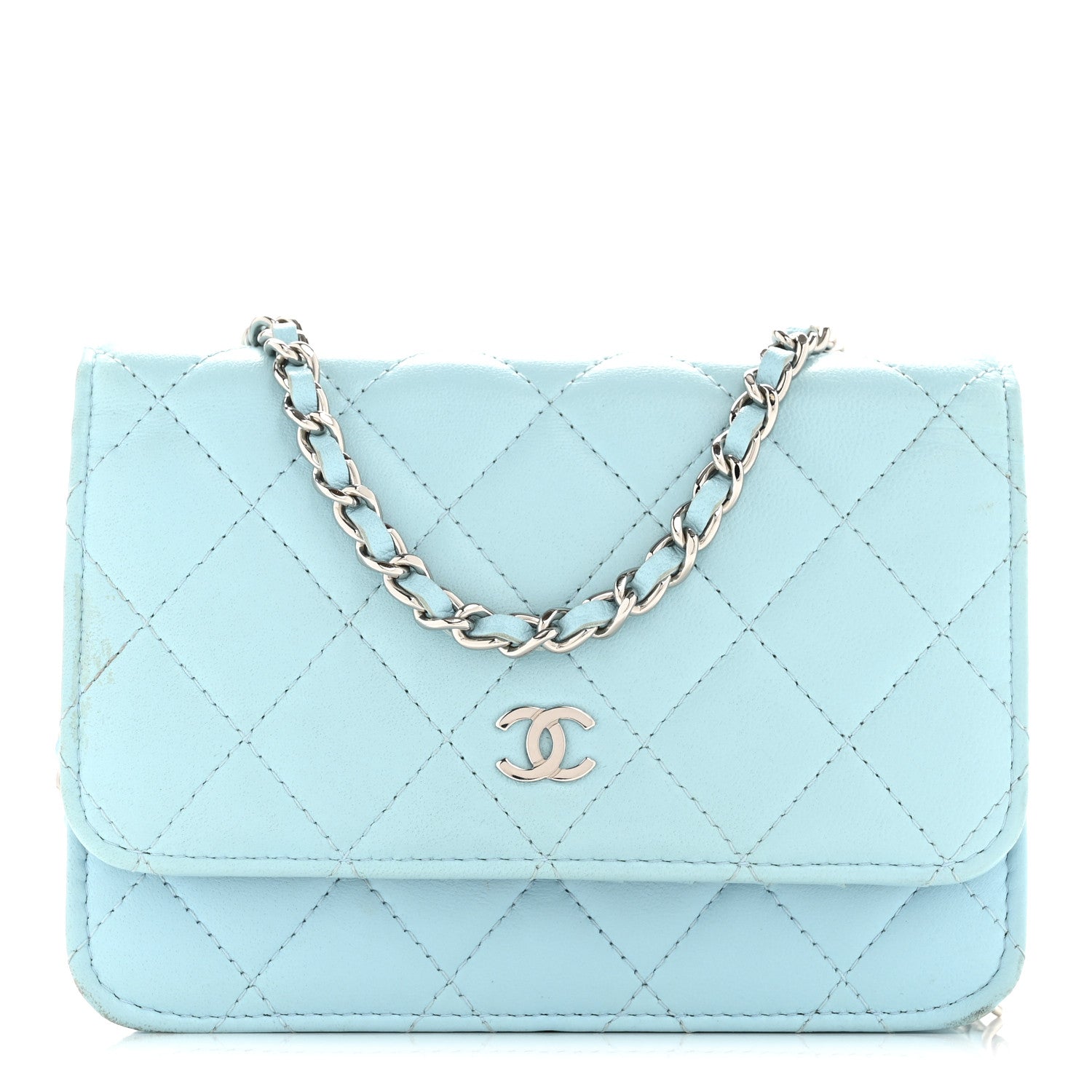 Lambskin Quilted Mini Wallet On Chain WOC Neon Blue