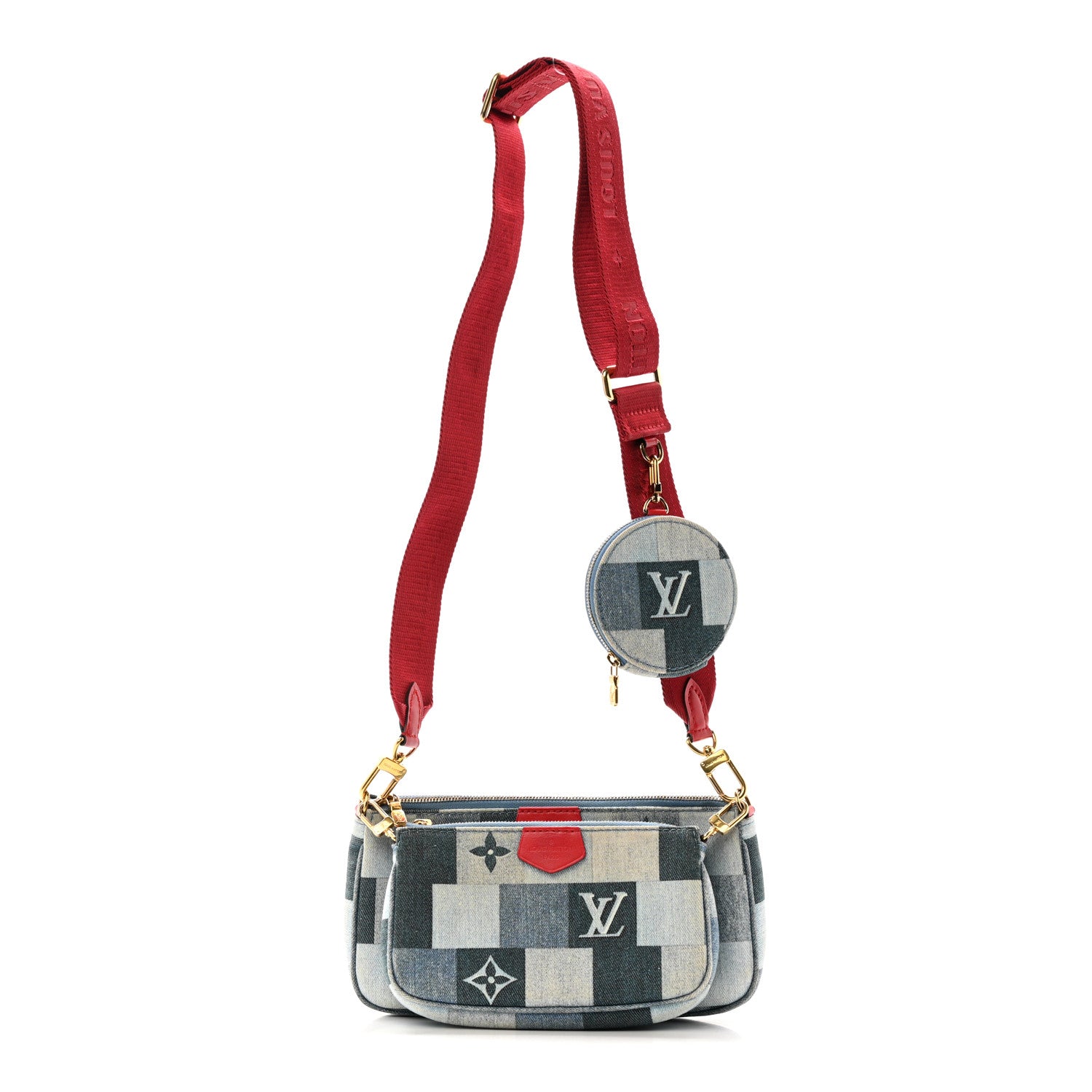 Denim Damier Monogram Patchwork Multi Pochette Accessories Blue Rouge