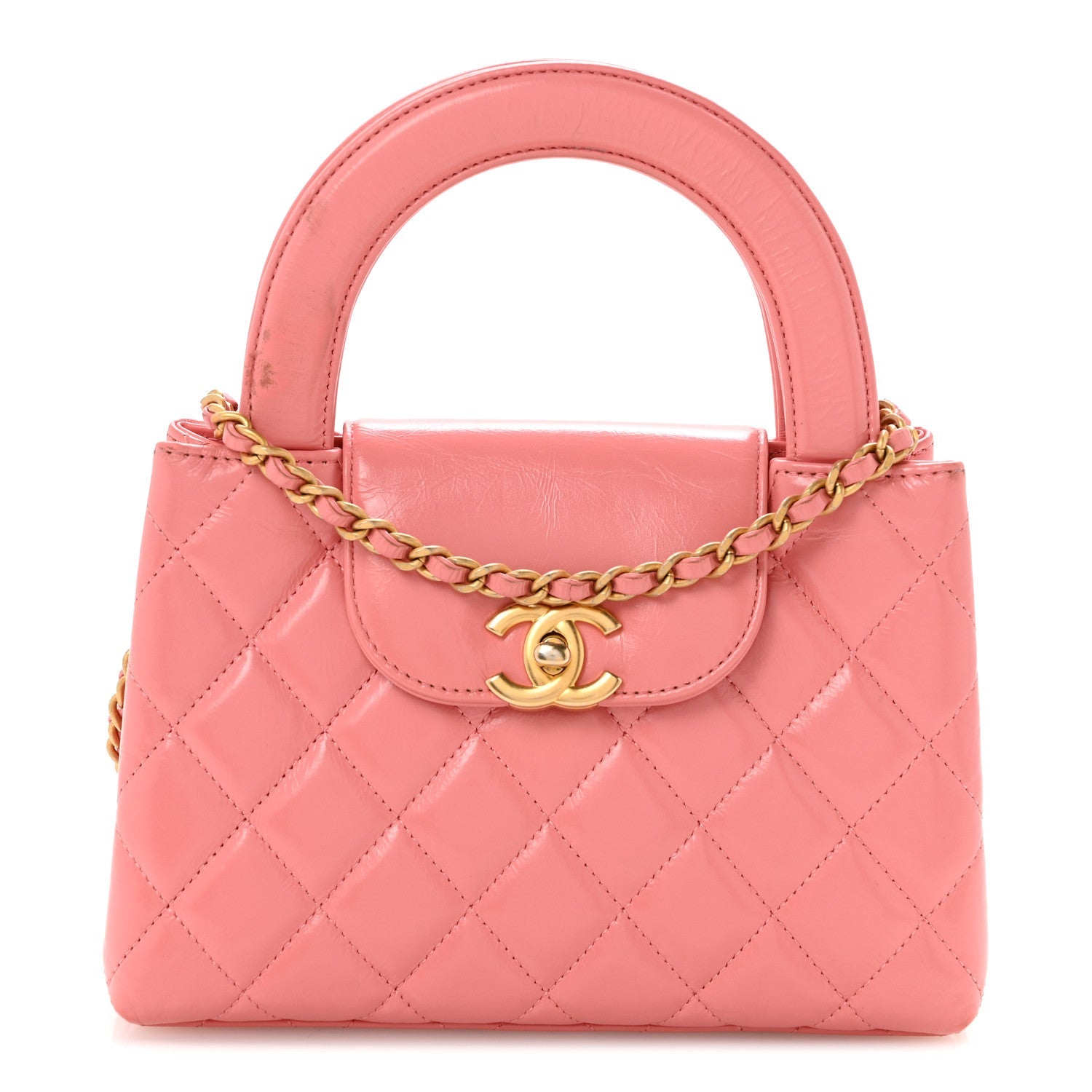 Shiny Aged Calfskin Quilted Nano Kelly Shopper Coral Pink