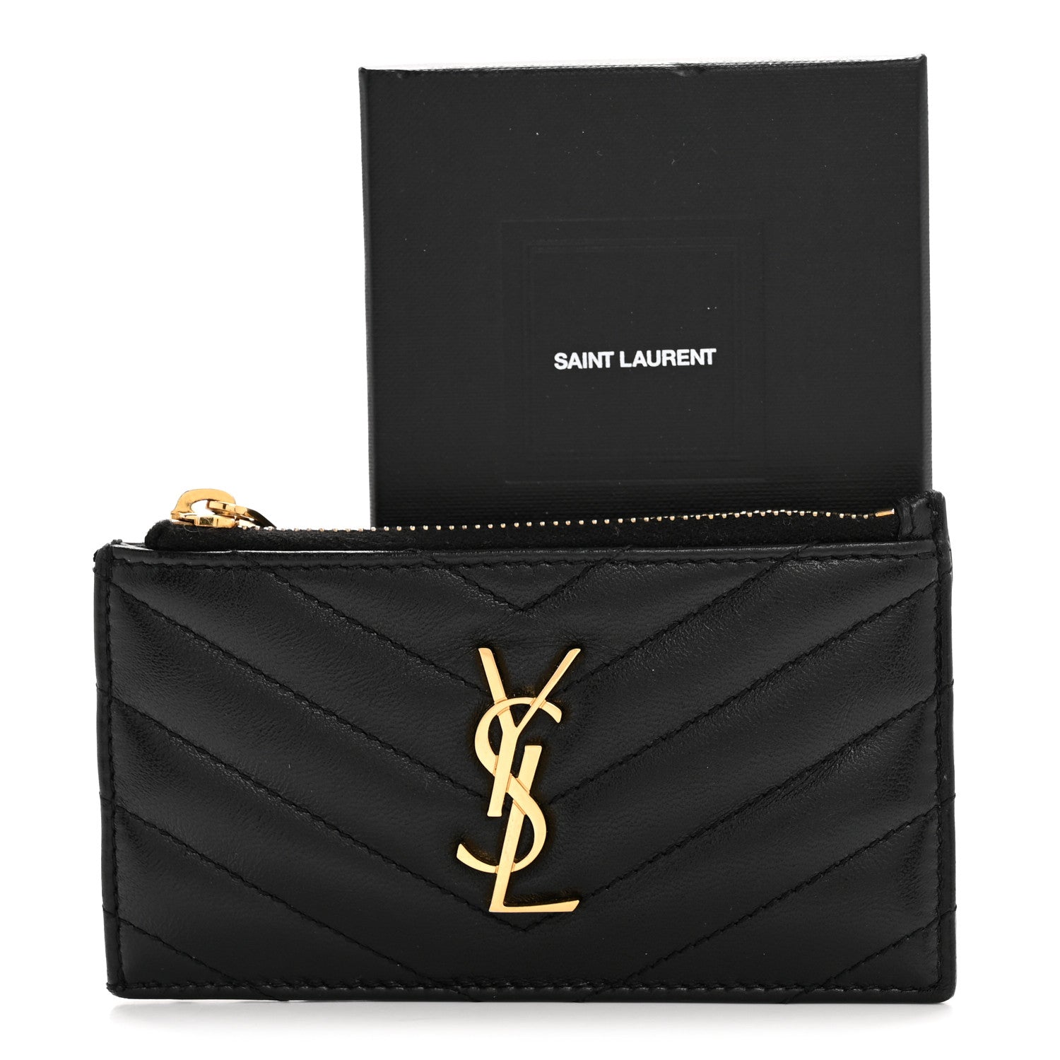Calfskin Matelasse Chevron Monogram Fragments Zippered Card Case Black