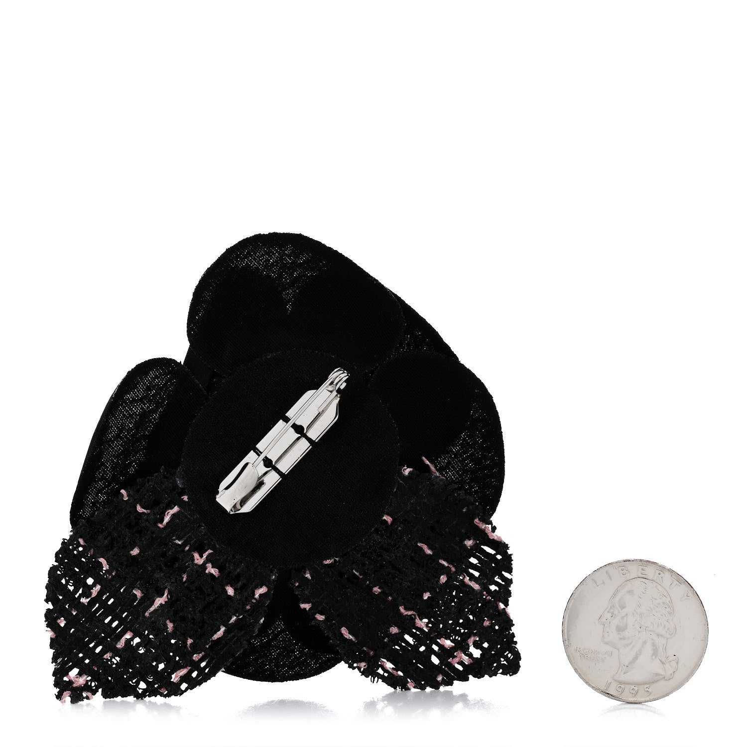 Tweed Fabric Camellia Pin Brooch Black Pink