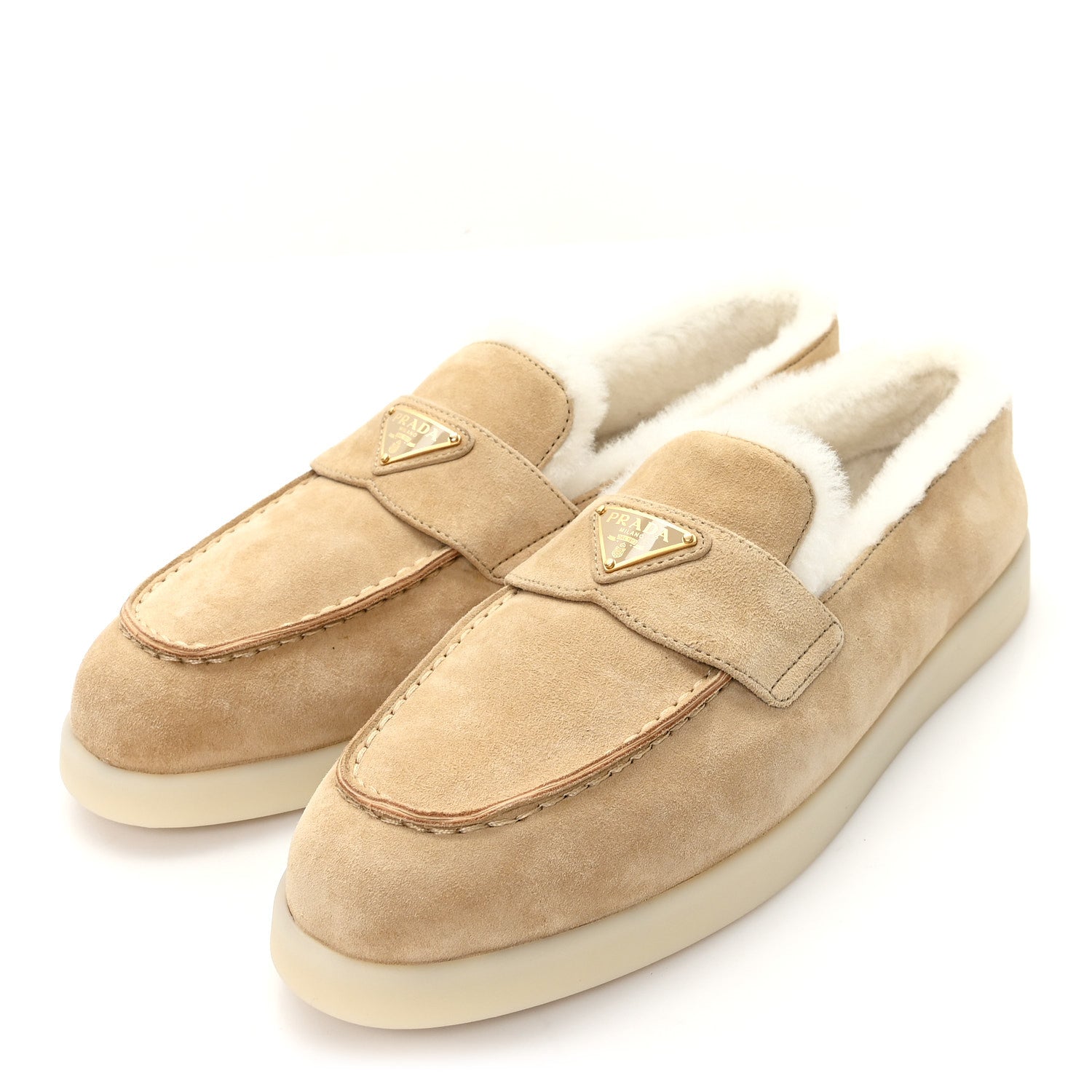 Suede Shearling Triangle Logo Loafer 39 Ecru