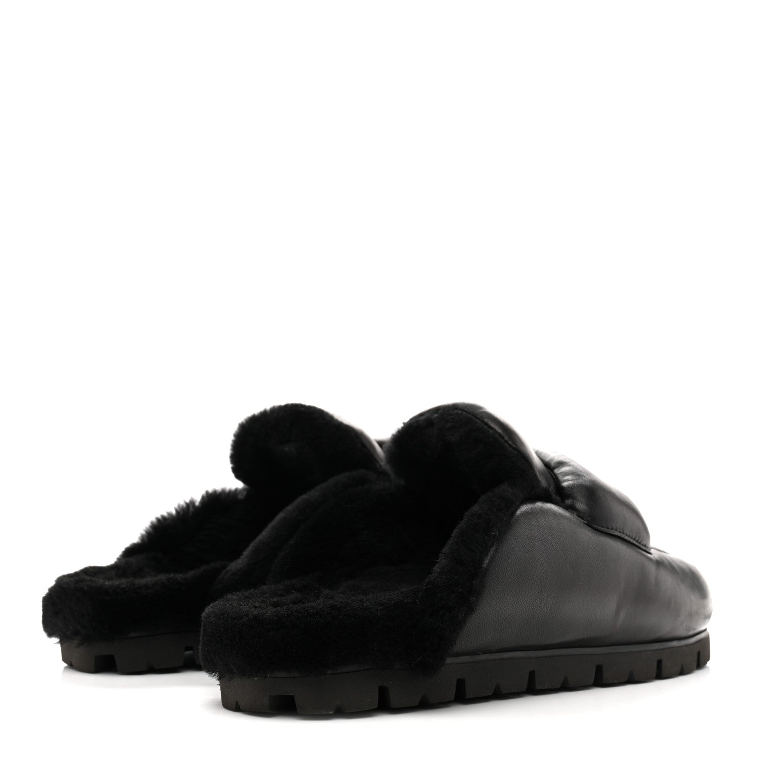Nappa Shearling Soft Padded Metal Triangle Logo Lug Sole 20mm Mules 38 Black
