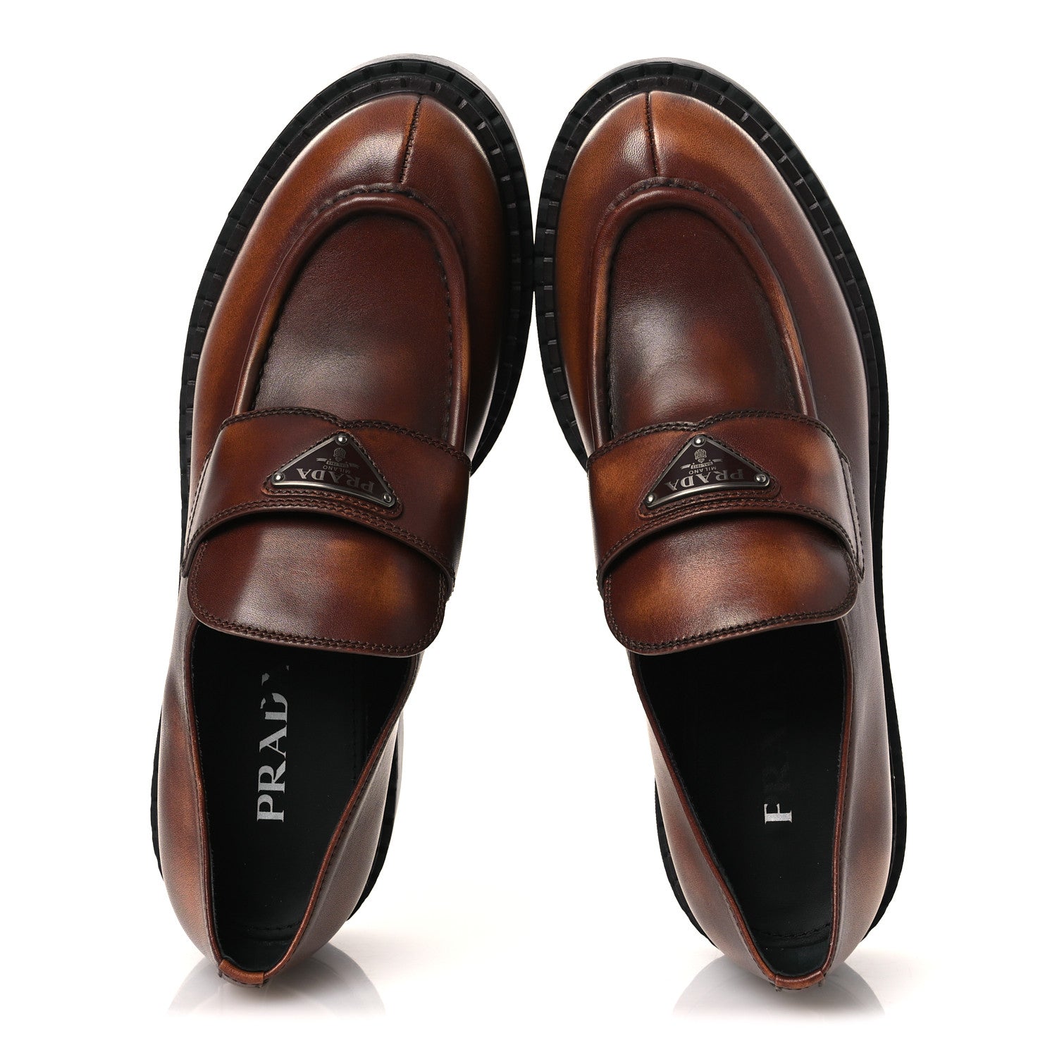 Vitello Fume Metal Triangle Logo 50mm Loafers 40.5 Cognac