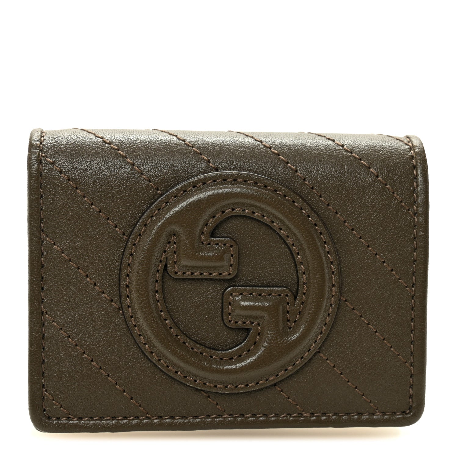 Sakai Be Green Calfskin Diagonal Stitched Blondie Card Case Wallet Craclet Brown