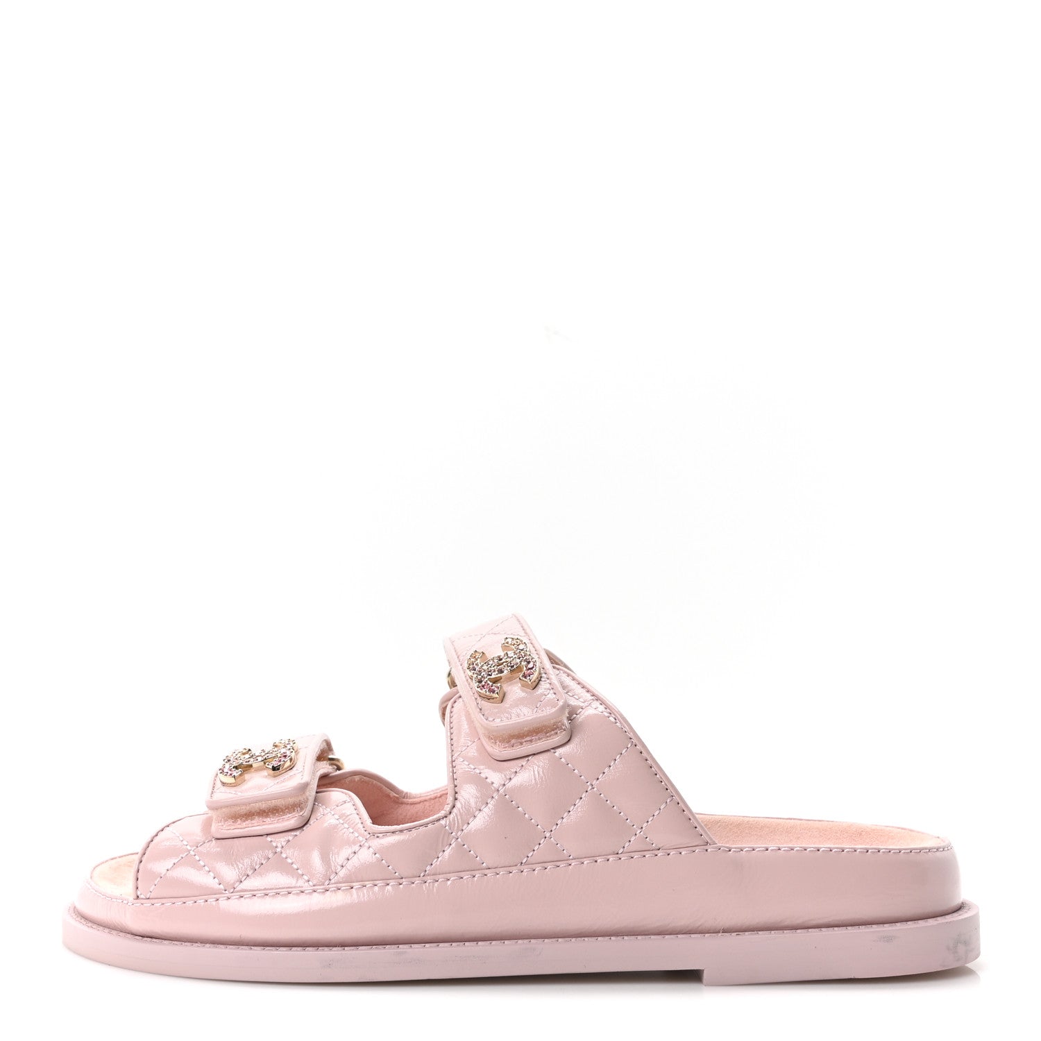 Shiny Calfskin Quilted Velcro Dad Crystal CC Slide Sandals 37.5 Light Pink