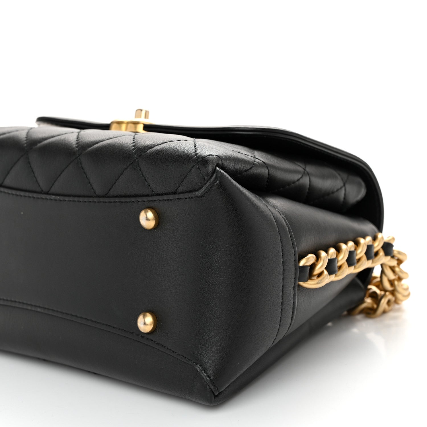 Calfskin Quilted Side Chain Compartment Flap Black
