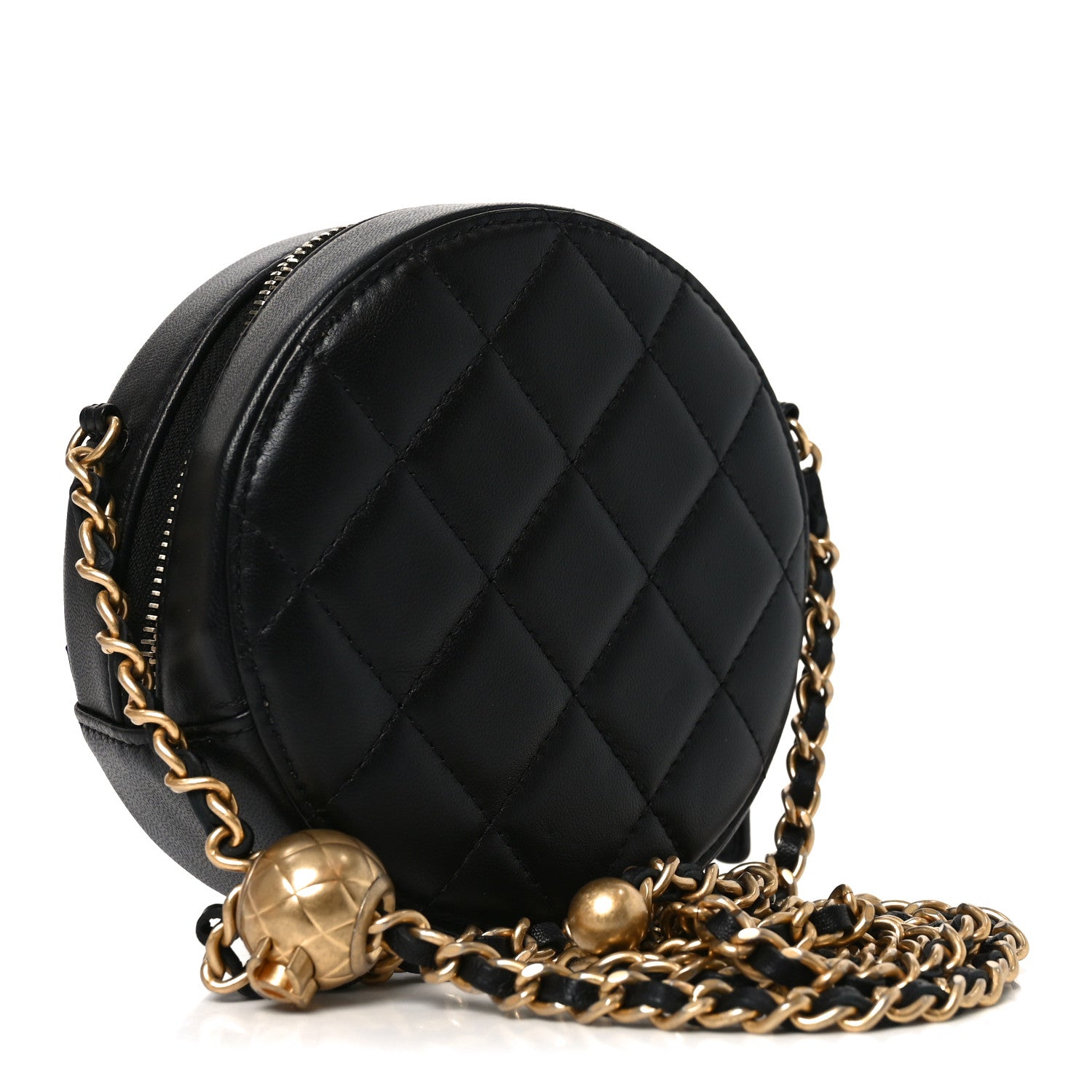 Lambskin Quilted Round Pearl Crush Clutch With Chain Black