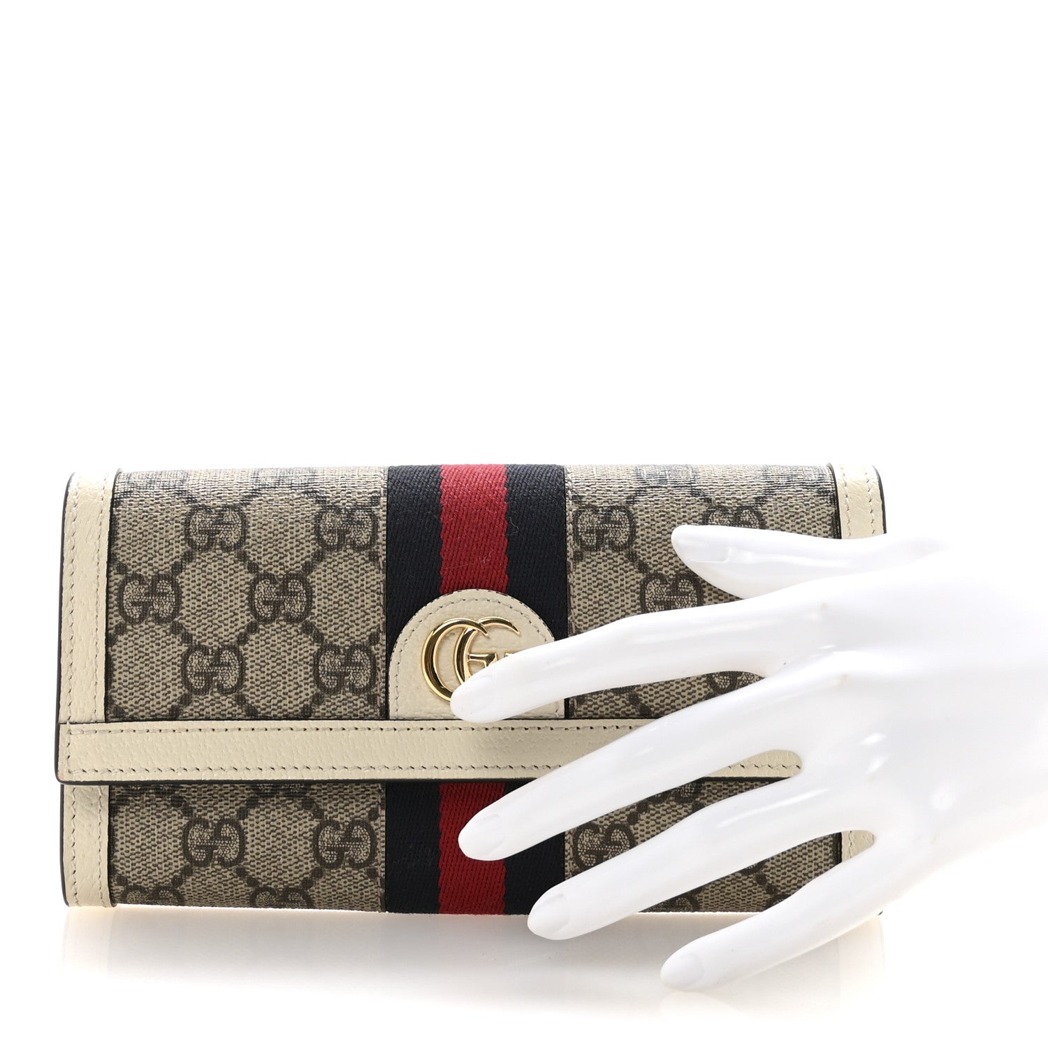 GG Supreme Monogram Textured Calfskin Web Ophidia Continental Wallet Beige White
