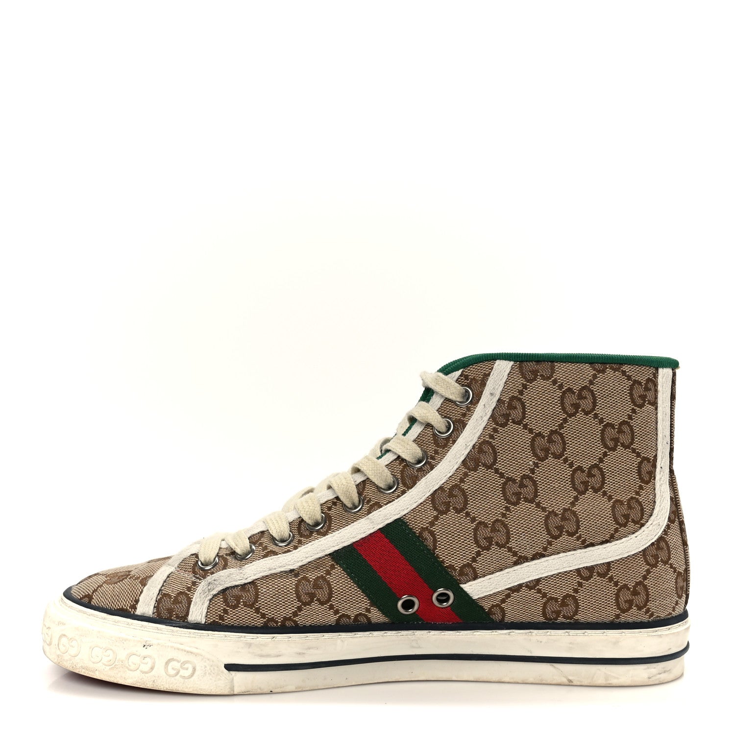 GG Monogram Web Mens 1977 Tennis High Top Sneakers 6.5 Beige Ebony Mystic White