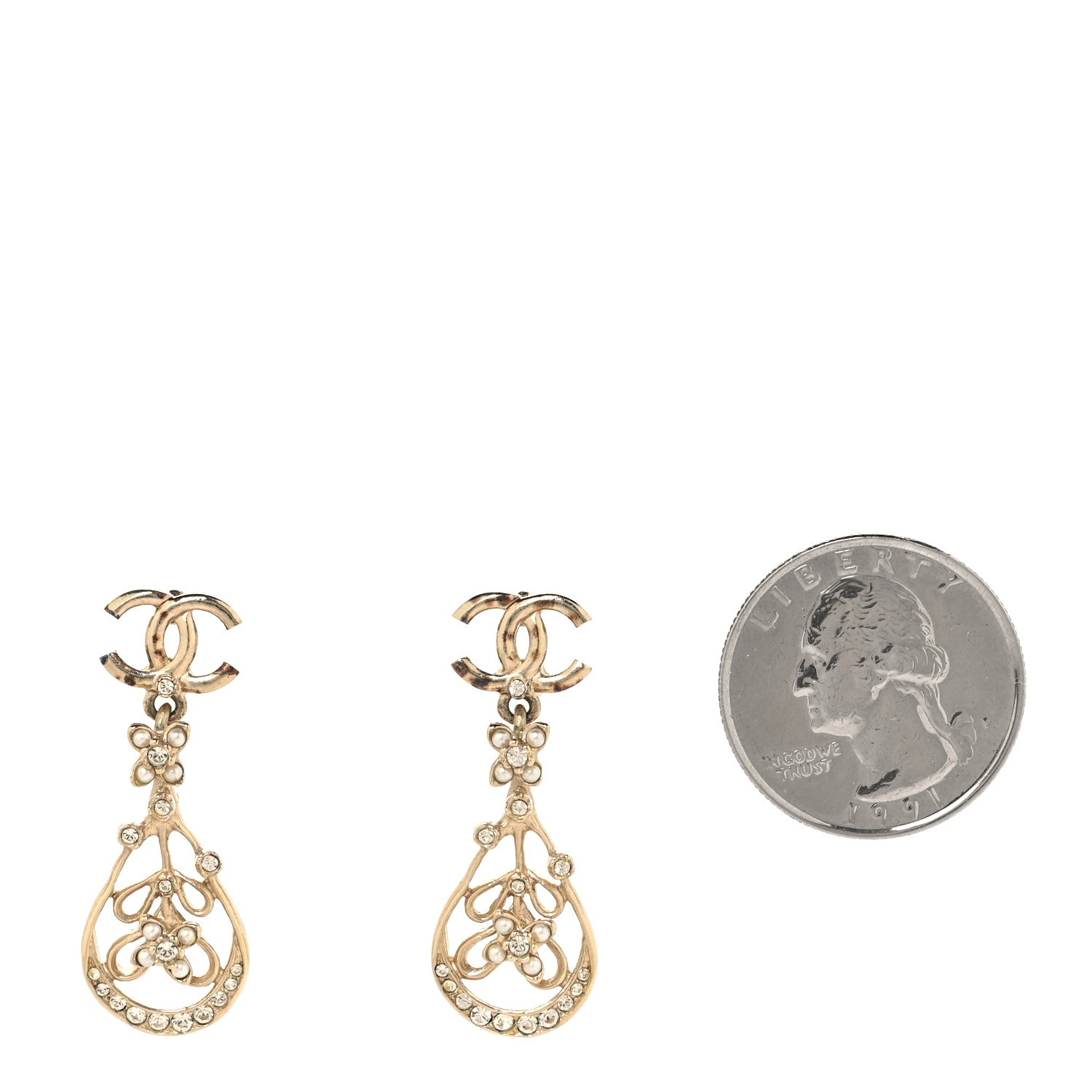 Pearl Crystal CC Drop Earrings Gold