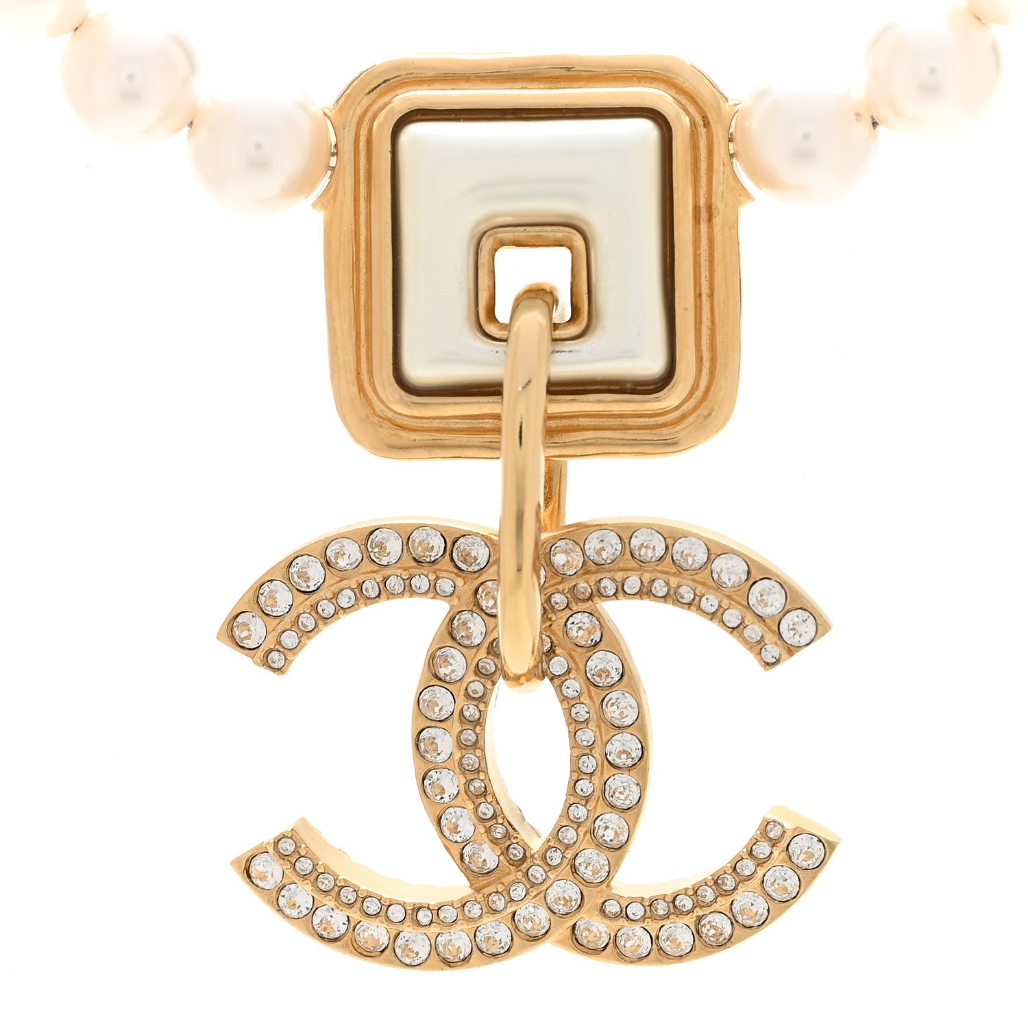 Pearl Crystal CC Square Choker Necklace Gold Pearly White