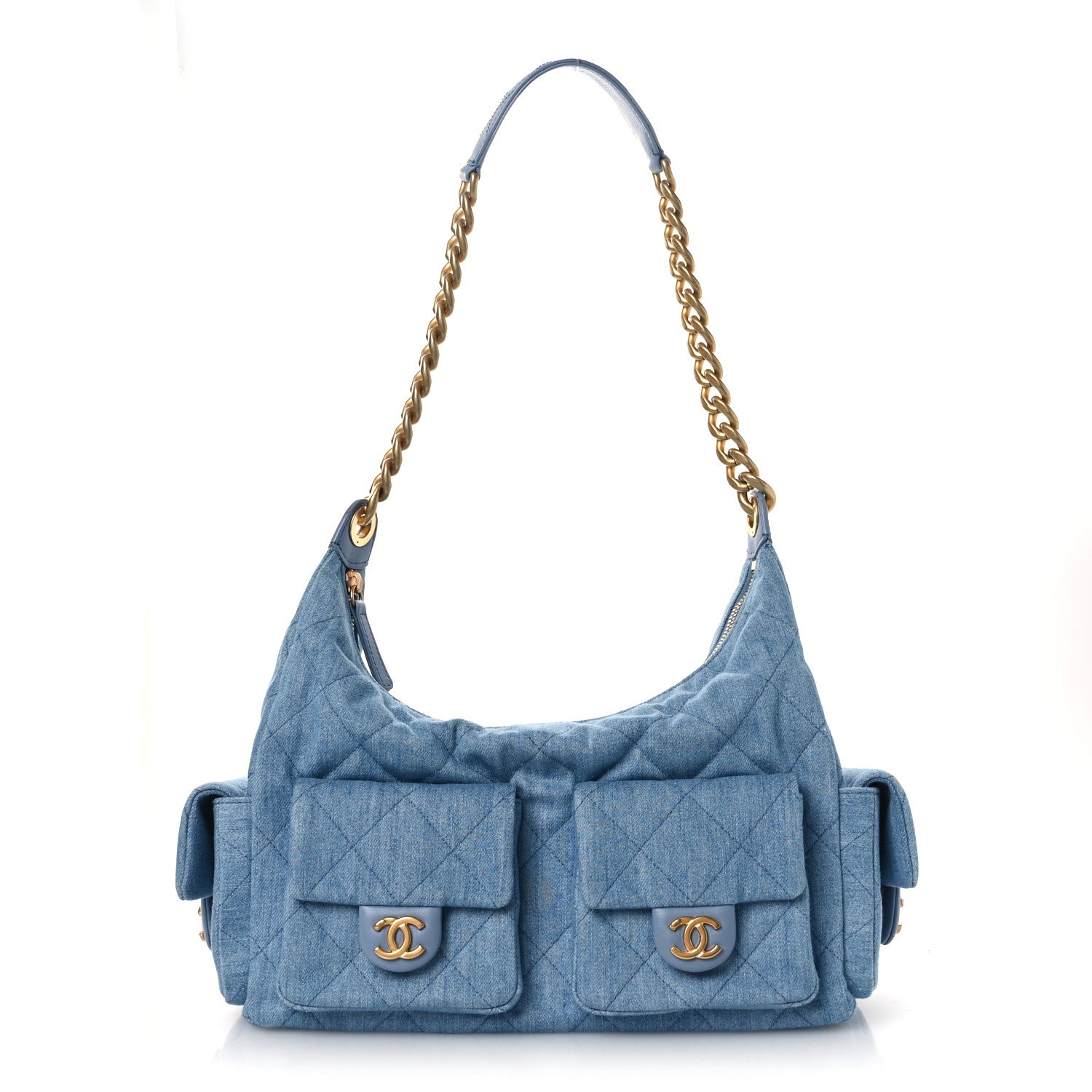 Washed Denim Quilted Large Trendy Pockets Hobo Blue