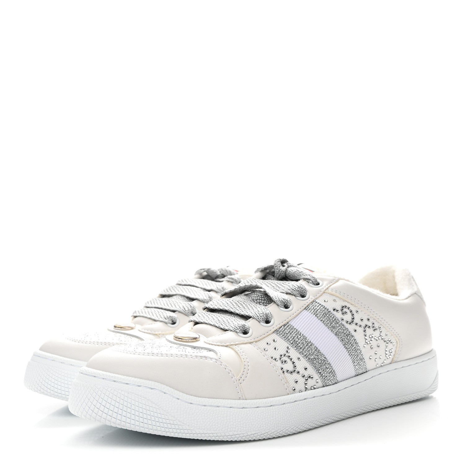 Calfskin GG Supreme Crystals Web Screener Sneakers 38 White Silver