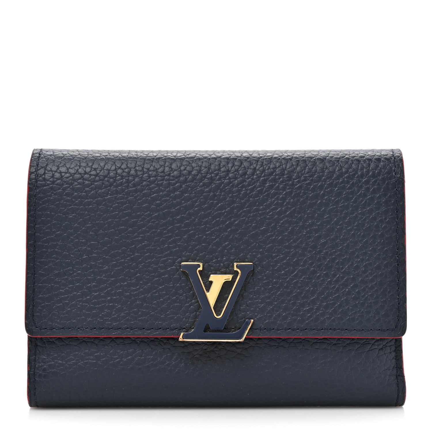 Taurillon Capucines Compact Wallet Marine Rouge