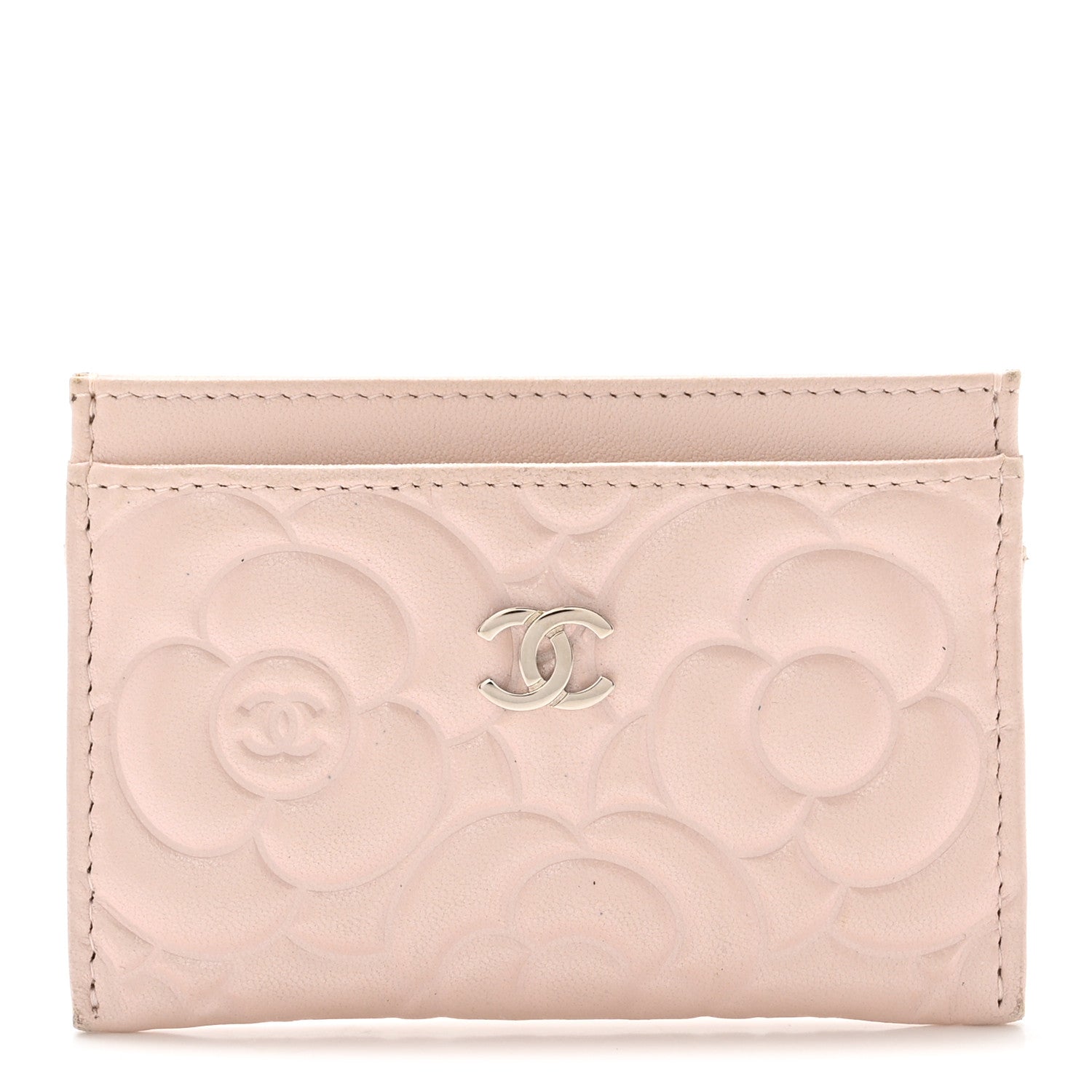 Iridescent Lambskin Camellia Embossed Card Holder Light Pink