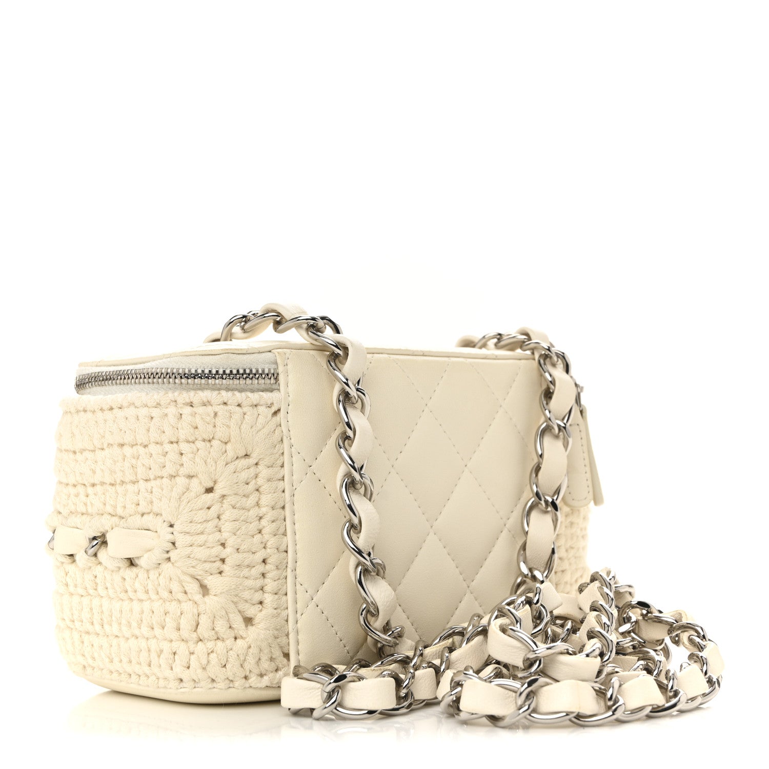 Lambskin Crochet Quilted Small Vanity Case With Chain White