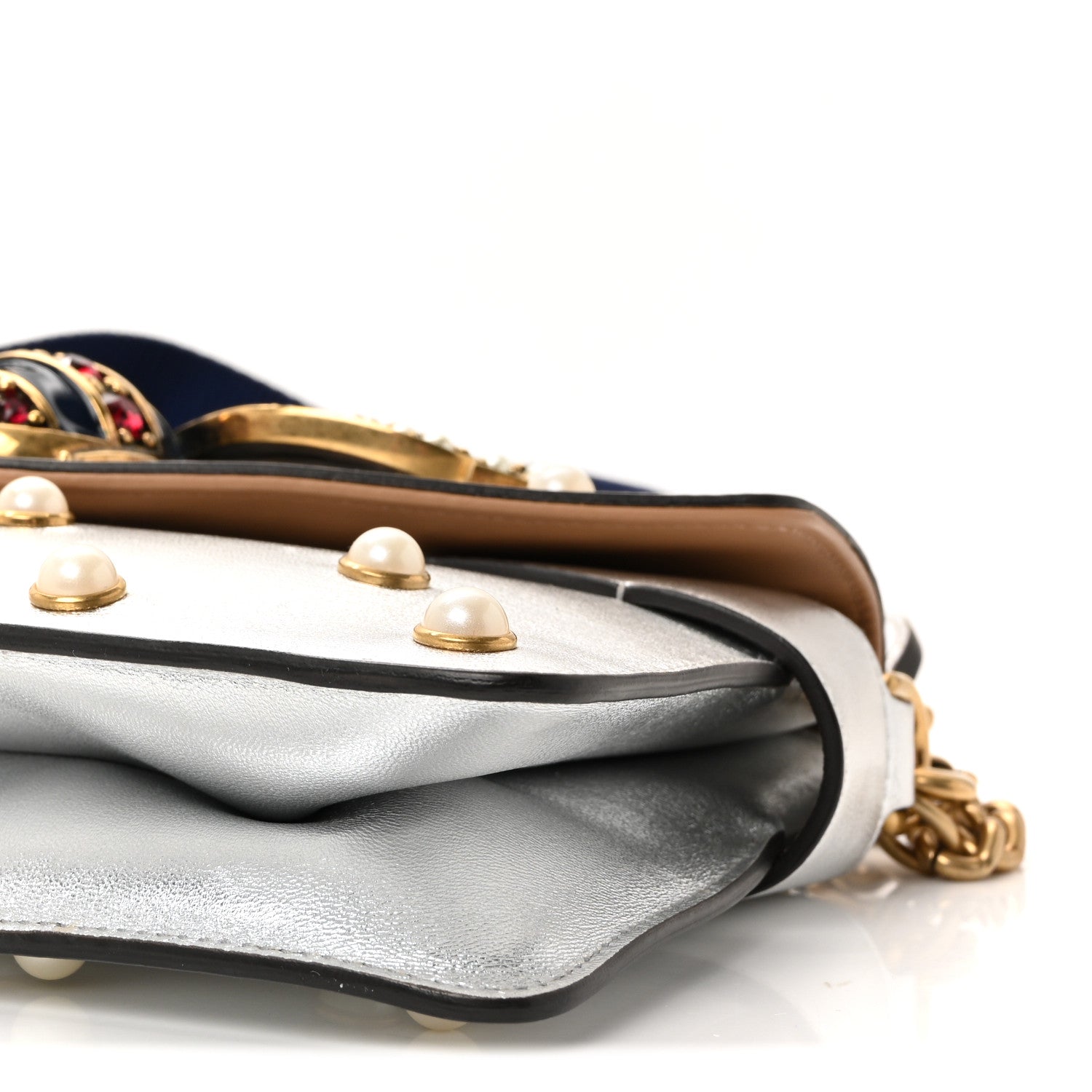 Metallic Nappa Pearl Studded Mini Queen Margaret Broadway Shoulder Bag Silver