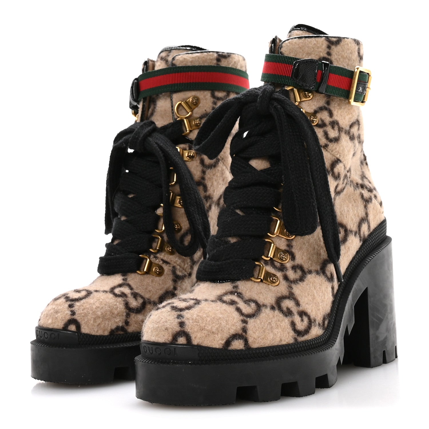 Covered Wool GG Monogram Womens Lace Up Combat Ankle Boots 35 Beige Ebony Black