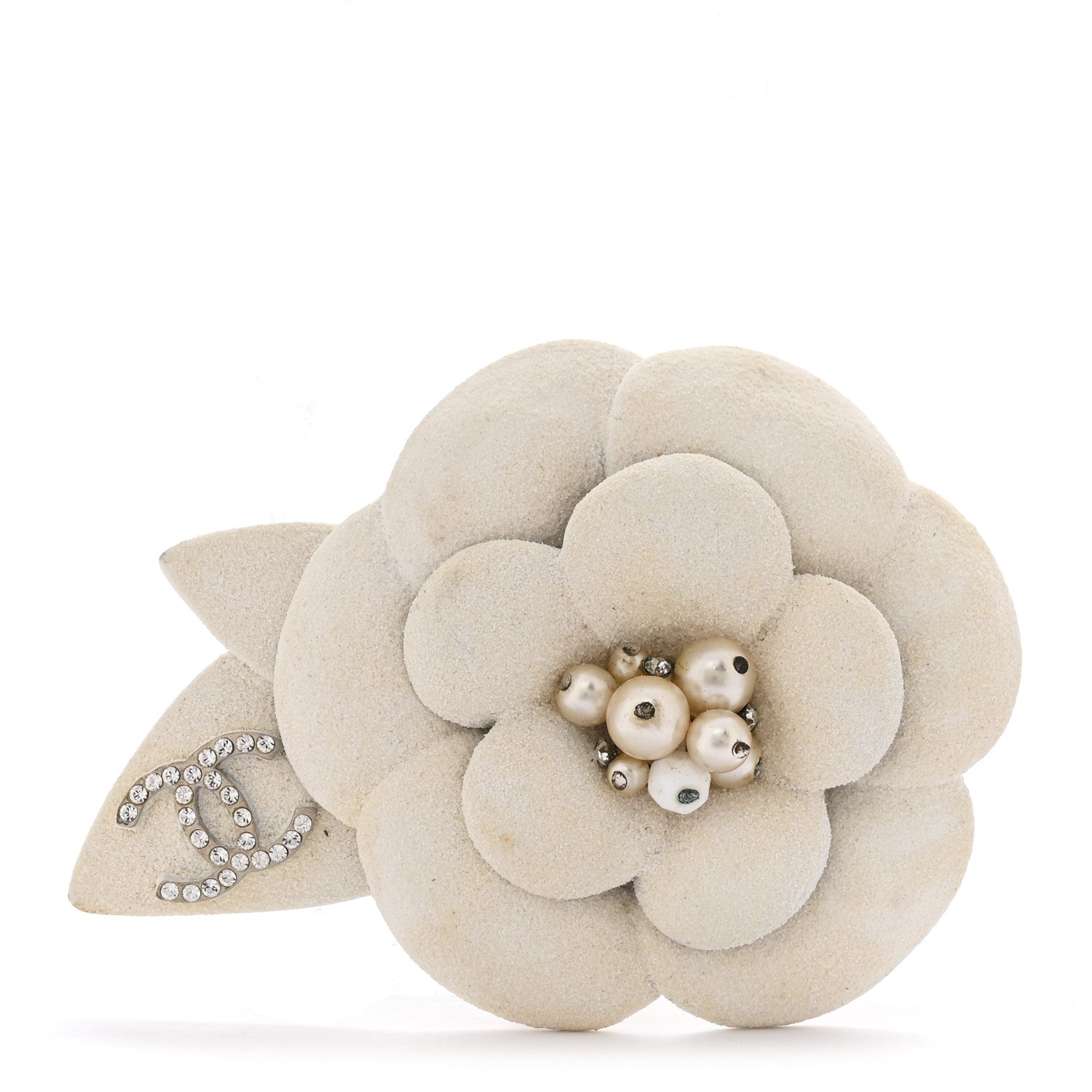 Pearl Crystal CC Camellia Pin Brooch Ivory