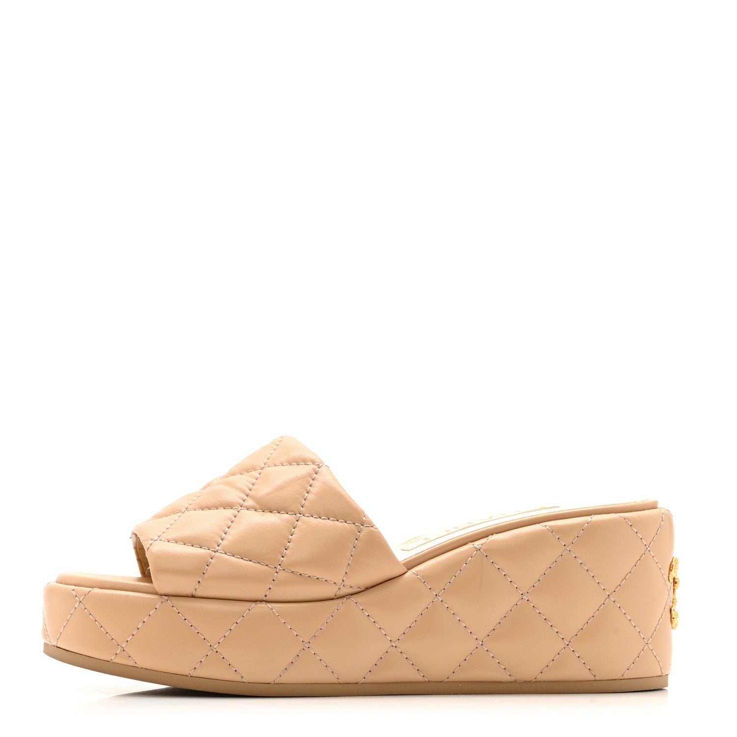 Lambskin Quilted Camelia CC Wedge Sandal Mules 38 Beige