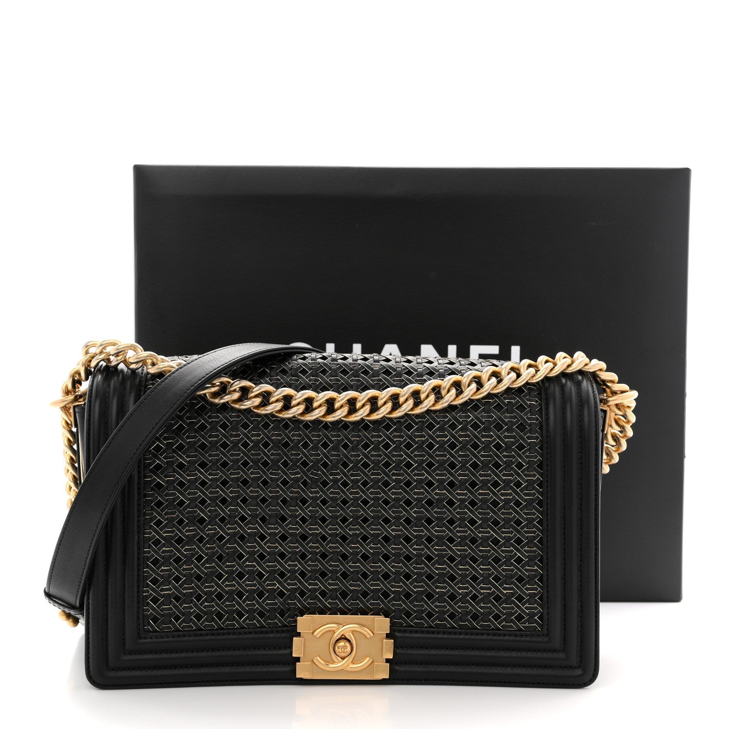Lambskin Braided Woven Medium Boy Flap Navy Black