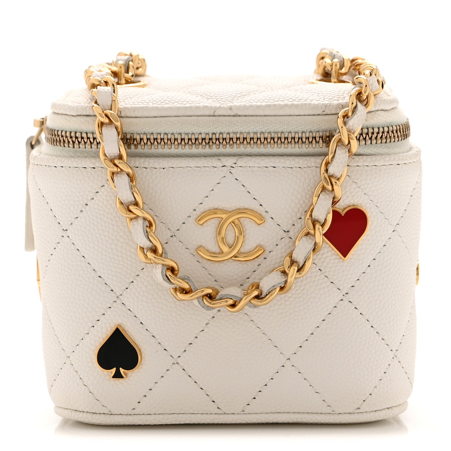 Caviar Quilted Enamel Coco Casino Mini Vanity Case With Chain White