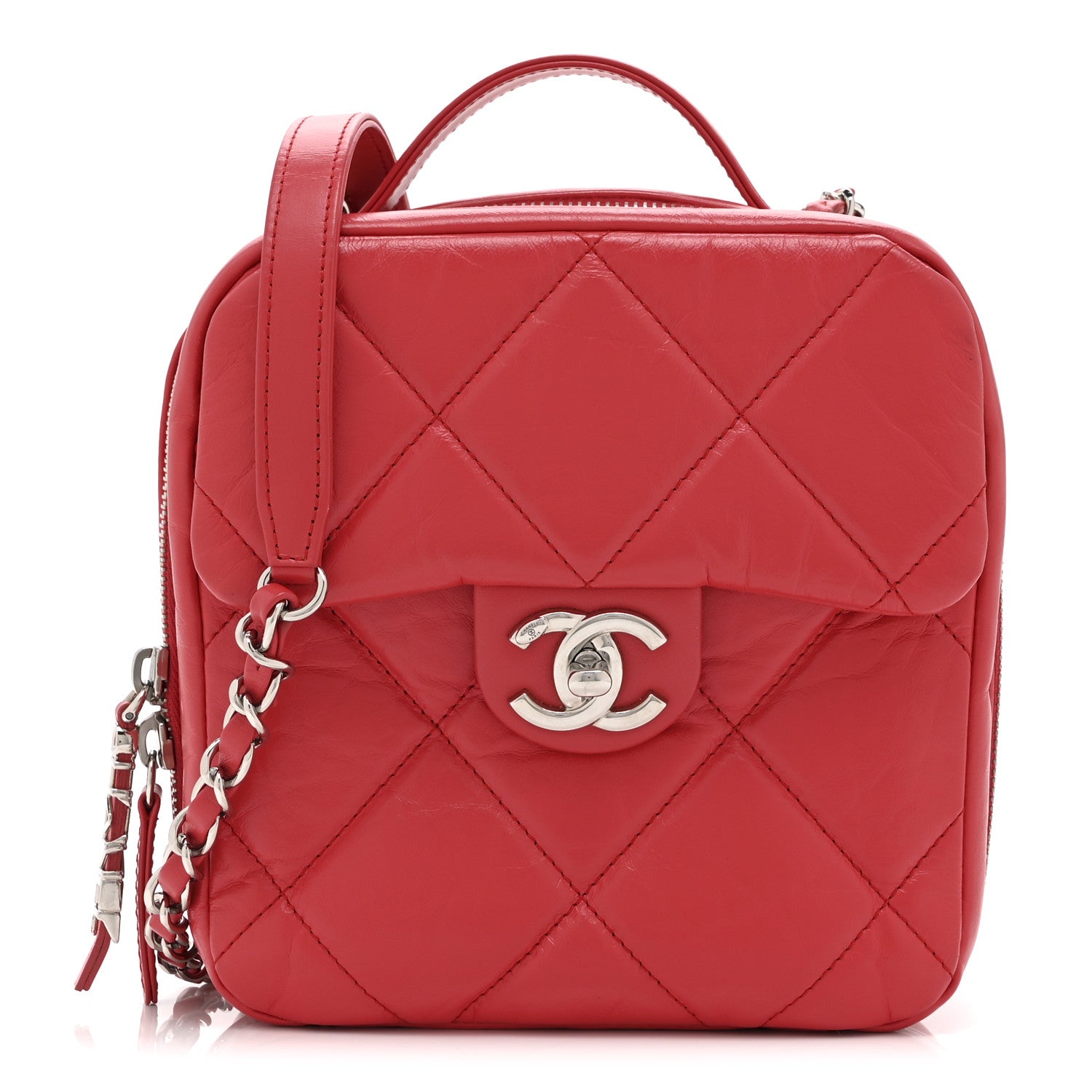 Aged Calfskin Quilted Top Handle Camera Case Red