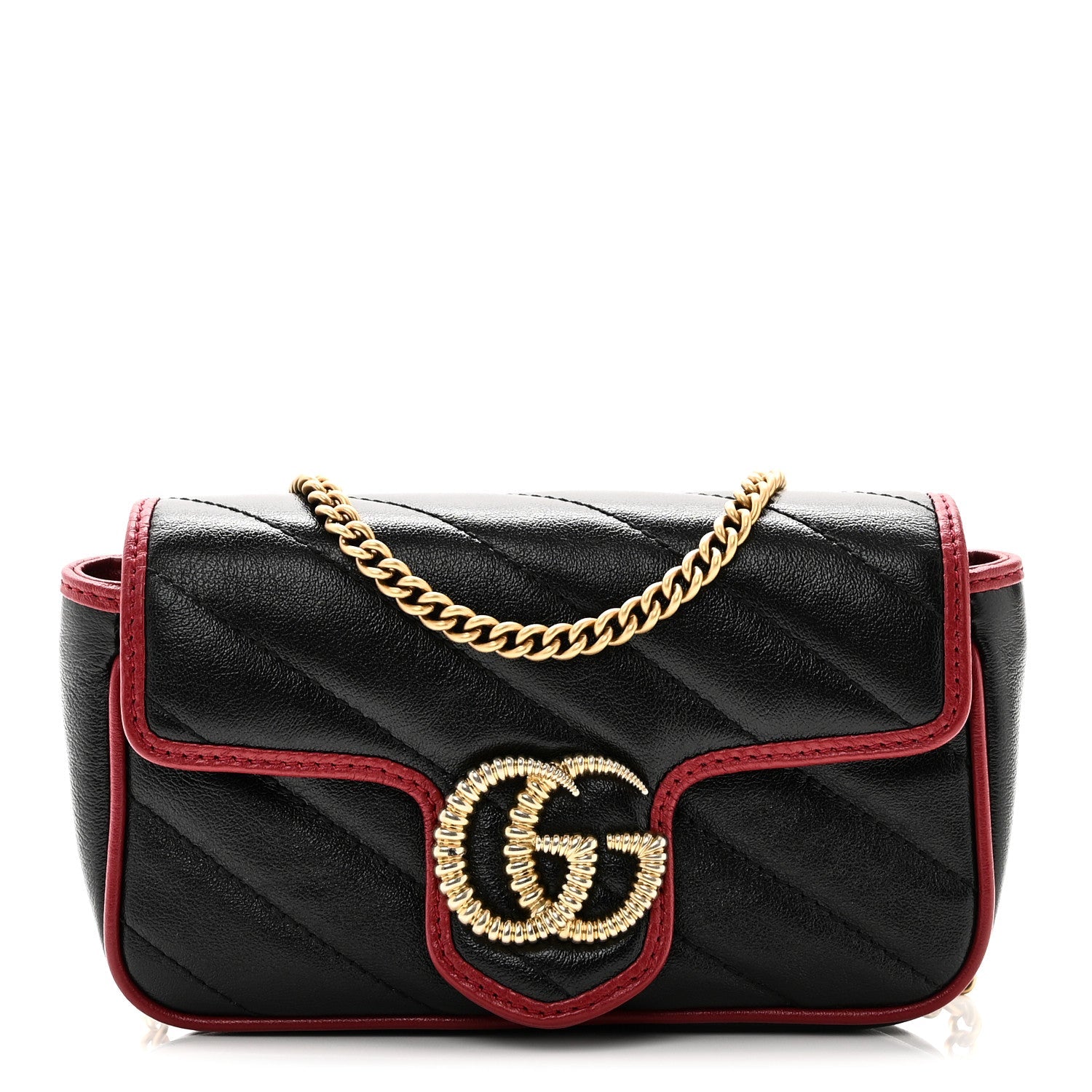 Vintage Effect Calfskin Matelasse Diagonal Super Mini Torchon GG Marmont Shoulder Bag Black Romantic Cherry