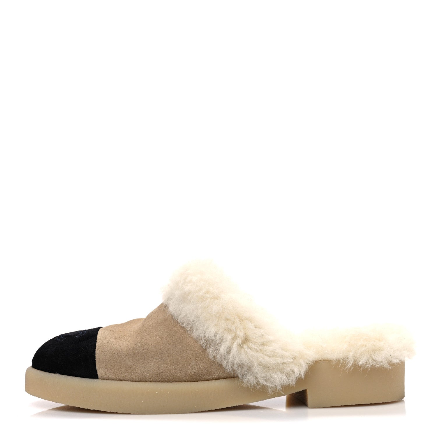 Suede Shearling CC Cap Toe Mules 41 Beige Black