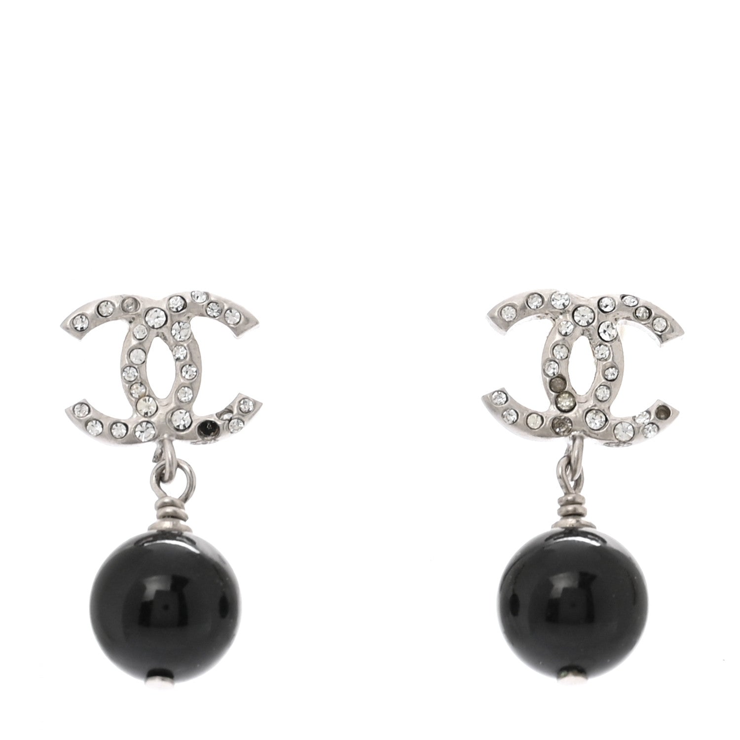 Crystal Pearl CC Drop Earrings Black Silver