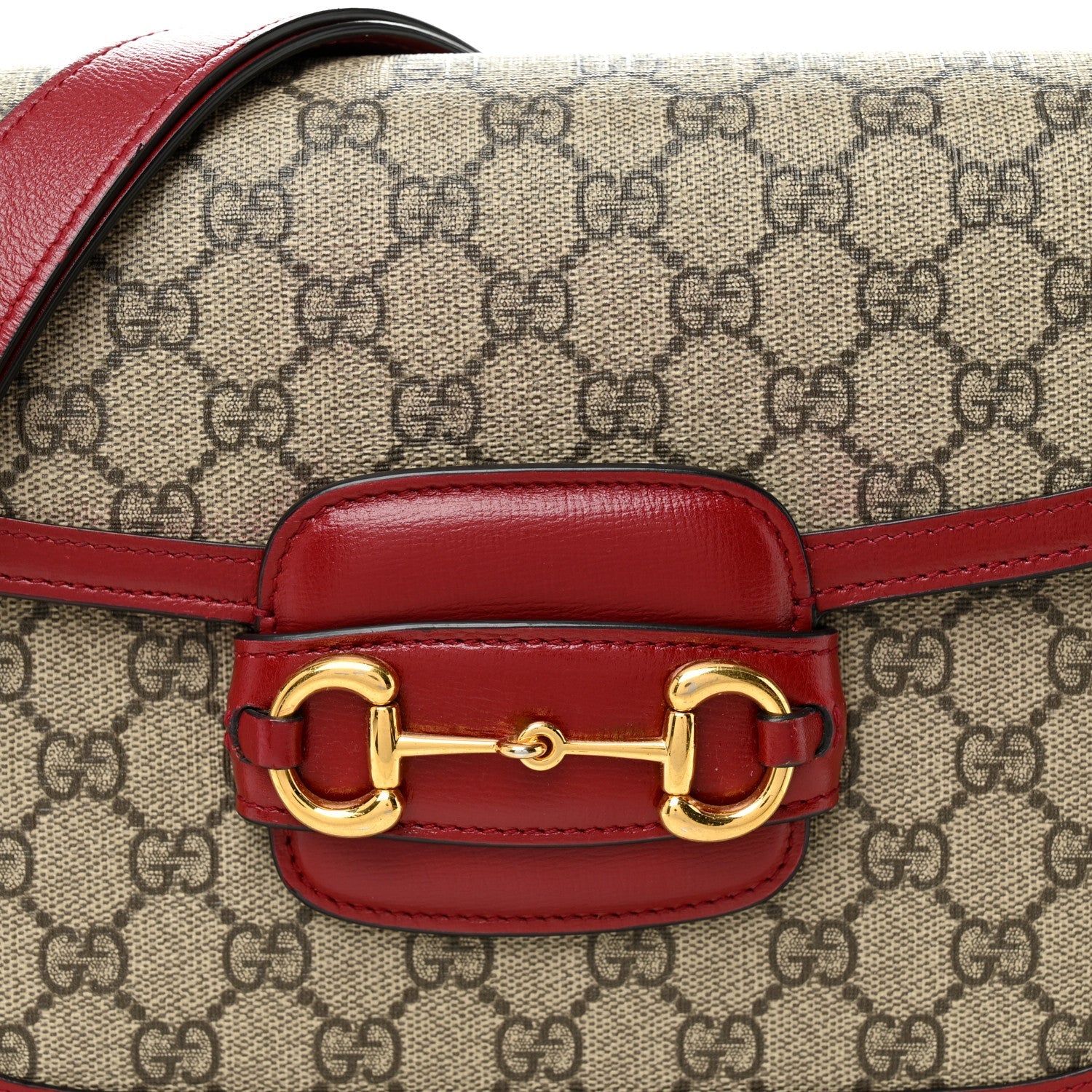 GG Supreme Monogram Azalea Calfskin Horsebit 1955 Shoulder Bag Beige Ebony New Cherry Red