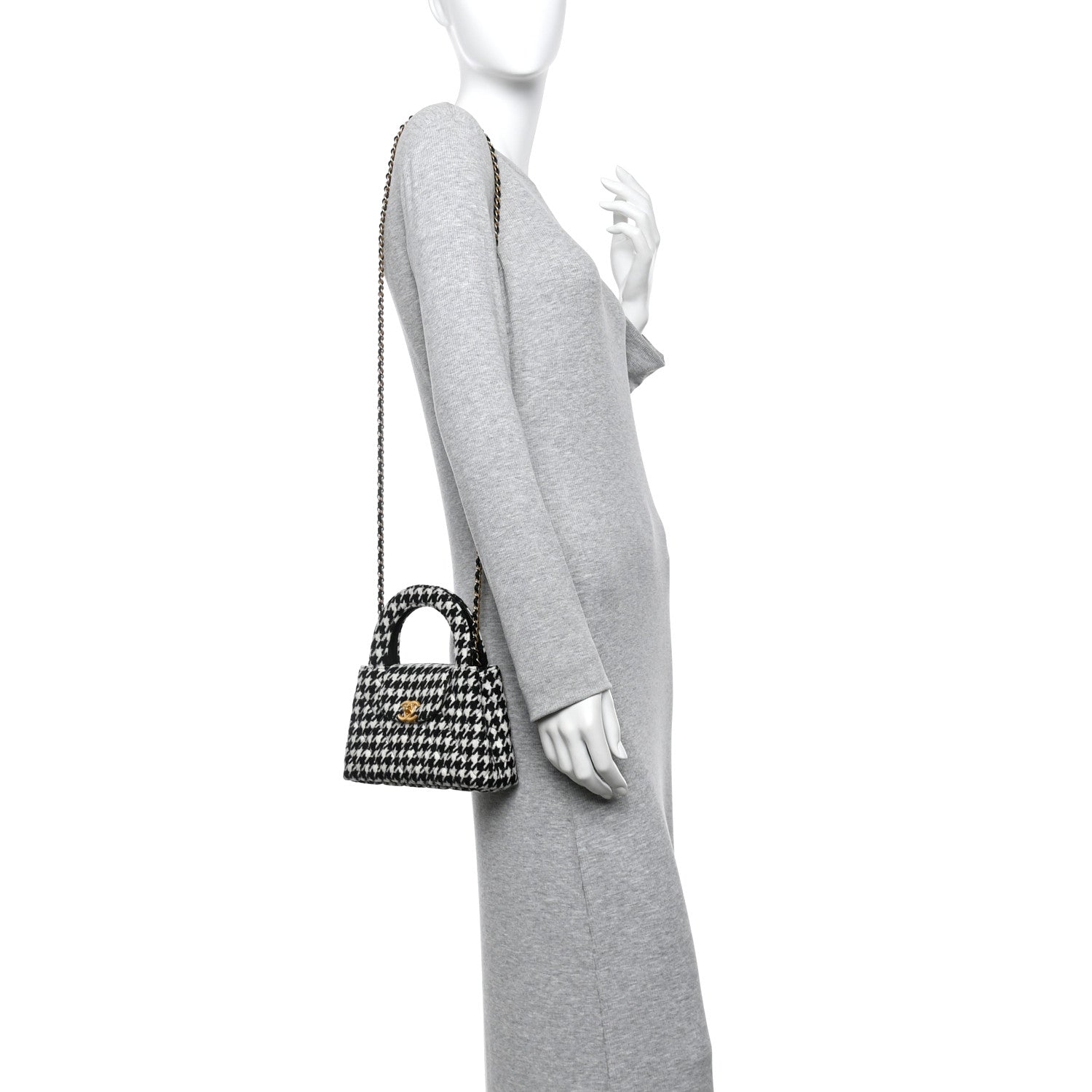 Tweed Houndstooth Quilted Nano Kelly Shopper Black White